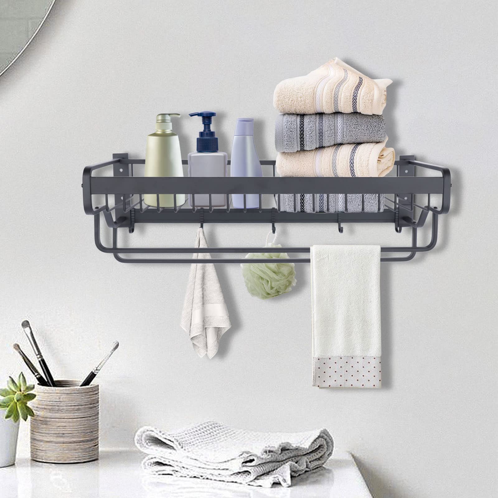 Stainless Steel Wall Mounted Bathroom Towel Rack with Shelf - Space Saving Towel Holder for Bath, Kitchen, Living Room & Bedroom - Perfect for Hanging Towels, Robes & Organizing Toiletries
