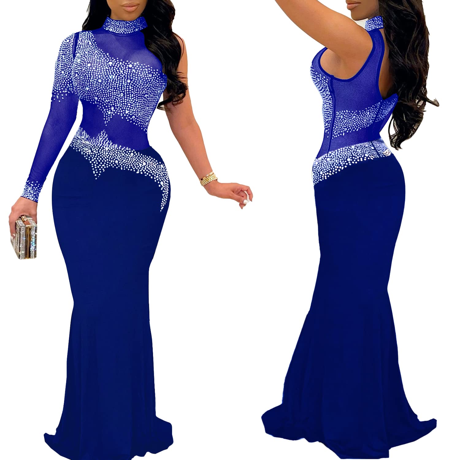 PORRCEY Women's Sexy Elegant Rhinestone Mesh See-Through Evening Dress for Party, Club & Night Out | Perfect for Cocktail Parties, Date Nights & Special Events