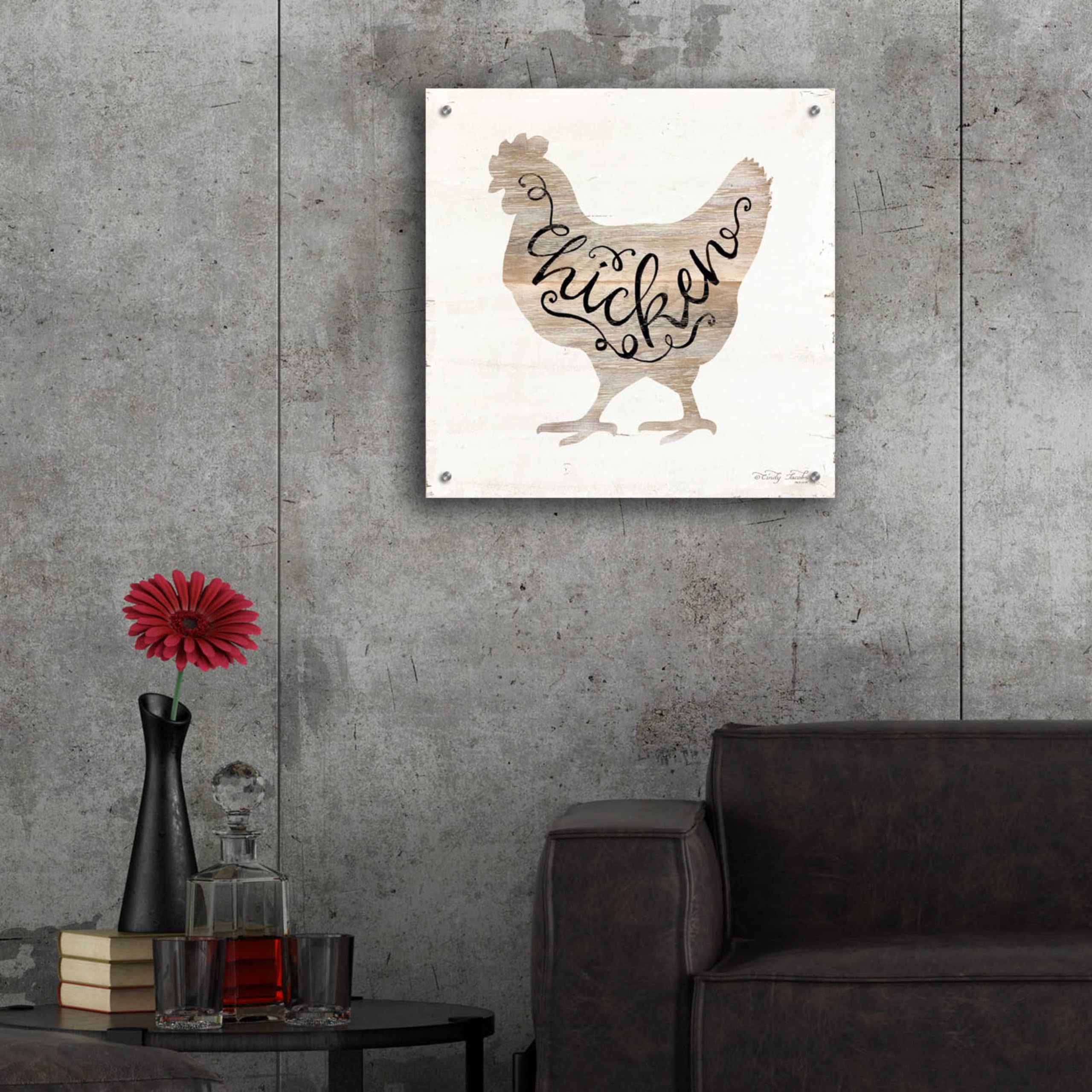 Epic Art 'Chicken in Beige' by Cindy Jacobs - 24x24 Inch Acrylic Glass Wall Painting - Modern Home Decor for Living Room, Bedroom & Office