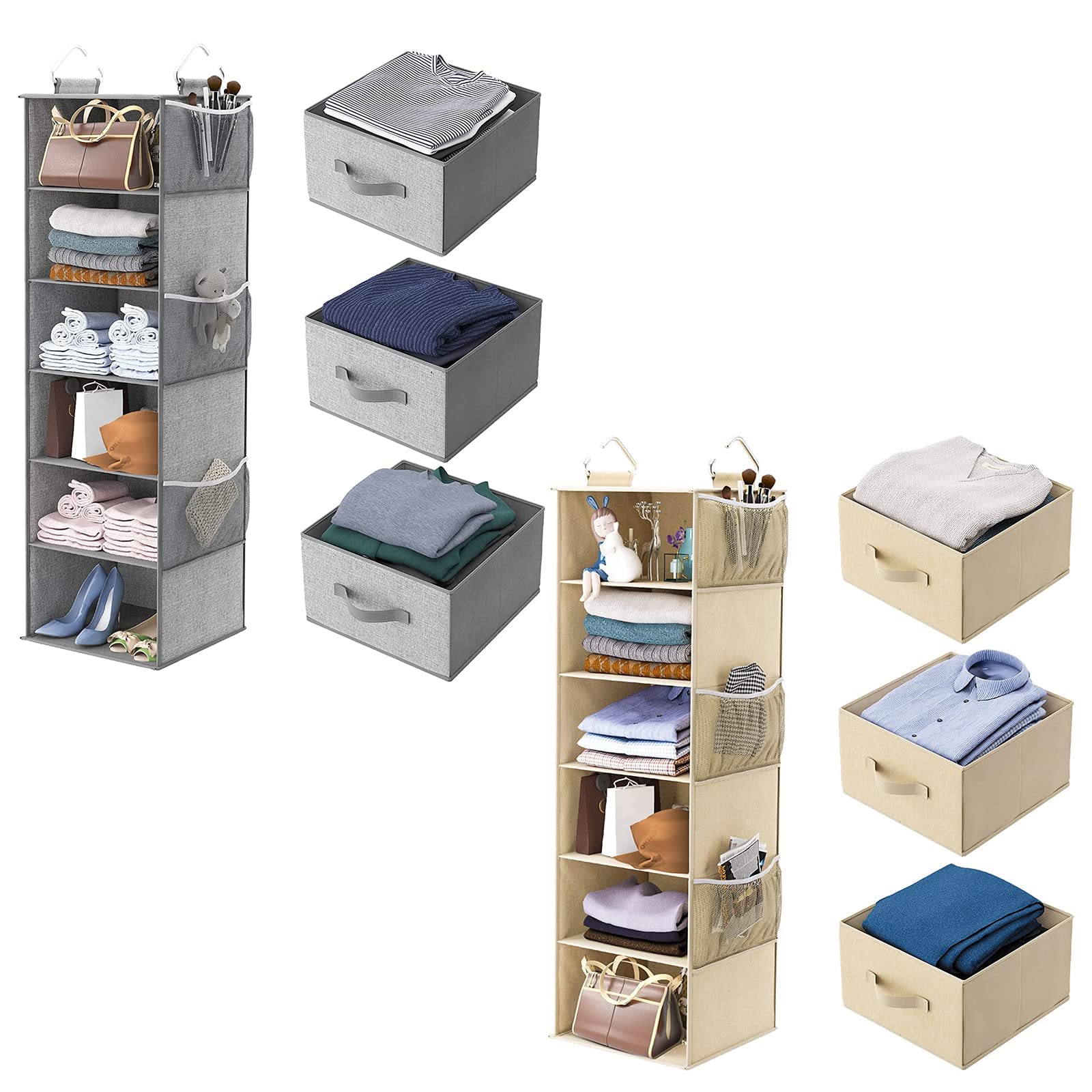MONINXS 6-Tier Hanging Closet Organizer with 3 Removable Drawers & Side Pockets - Space Saving Storage for Clothes, Shoes & Accessories - Linen Fabric (12