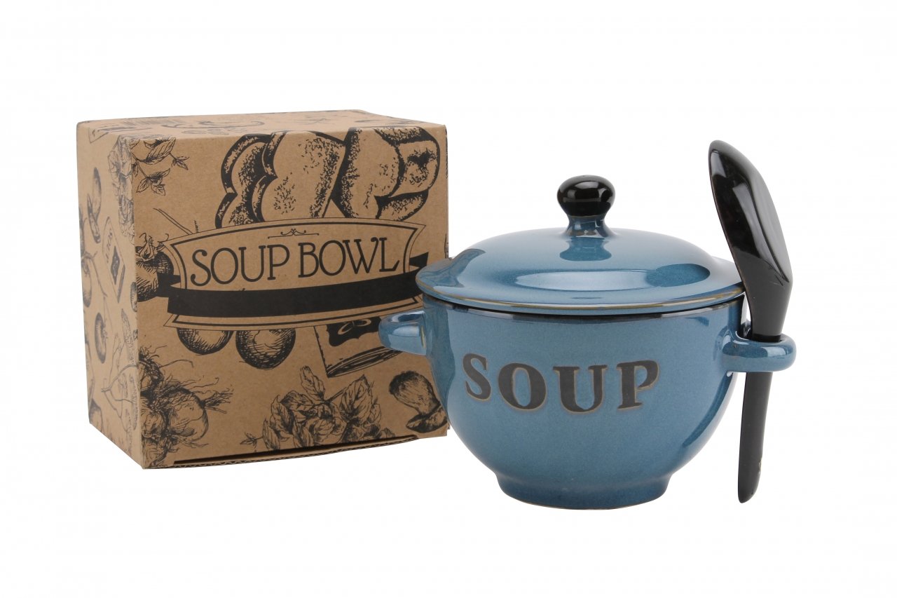Ceramic Soup Bowl with Lid and Spoon - Microwave & Dishwasher Safe - Gift Box Included - Blue, Grey, Cream or White (Country Blue) - Perfect for Home Dining, Gifts & Restaurant Use