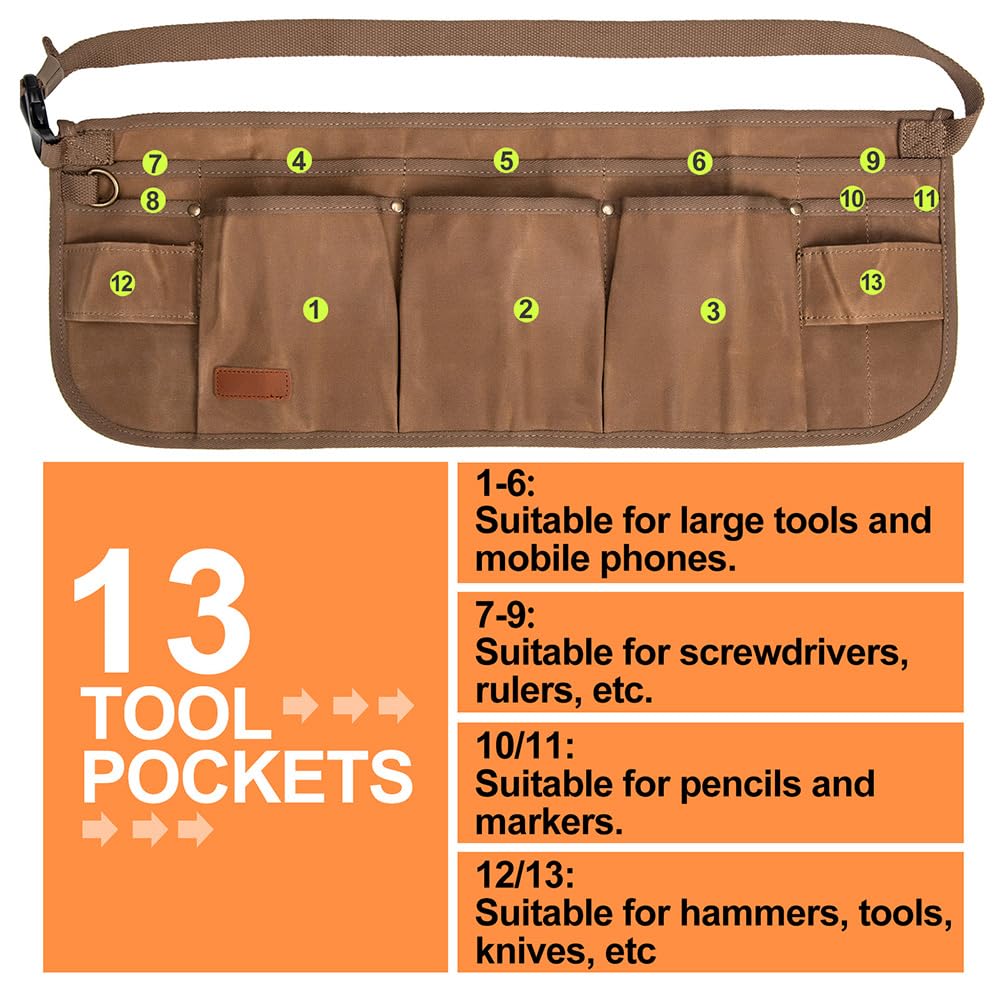 Heavy Duty Waxed Canvas Tool Belt with 10 Pockets & 2 Hammer Loops - Adjustable Waist Apron for Carpenters, Electricians & DIY Projects - Perfect for Construction, Woodworking & Home Renovation (Khaki)