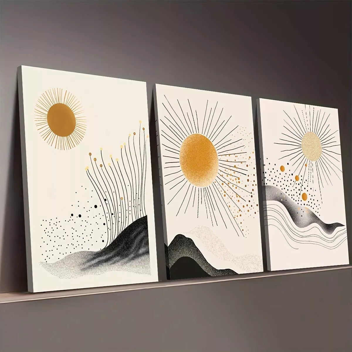 3-Piece Minimalist Sun Mountain Modern Abstract Wall Art Set - Framed Canvas 50x70cm (20x28in) - High Quality Print - Australian Made - Ready to Hang - Perfect for Living Room, Bedroom & Office Decor