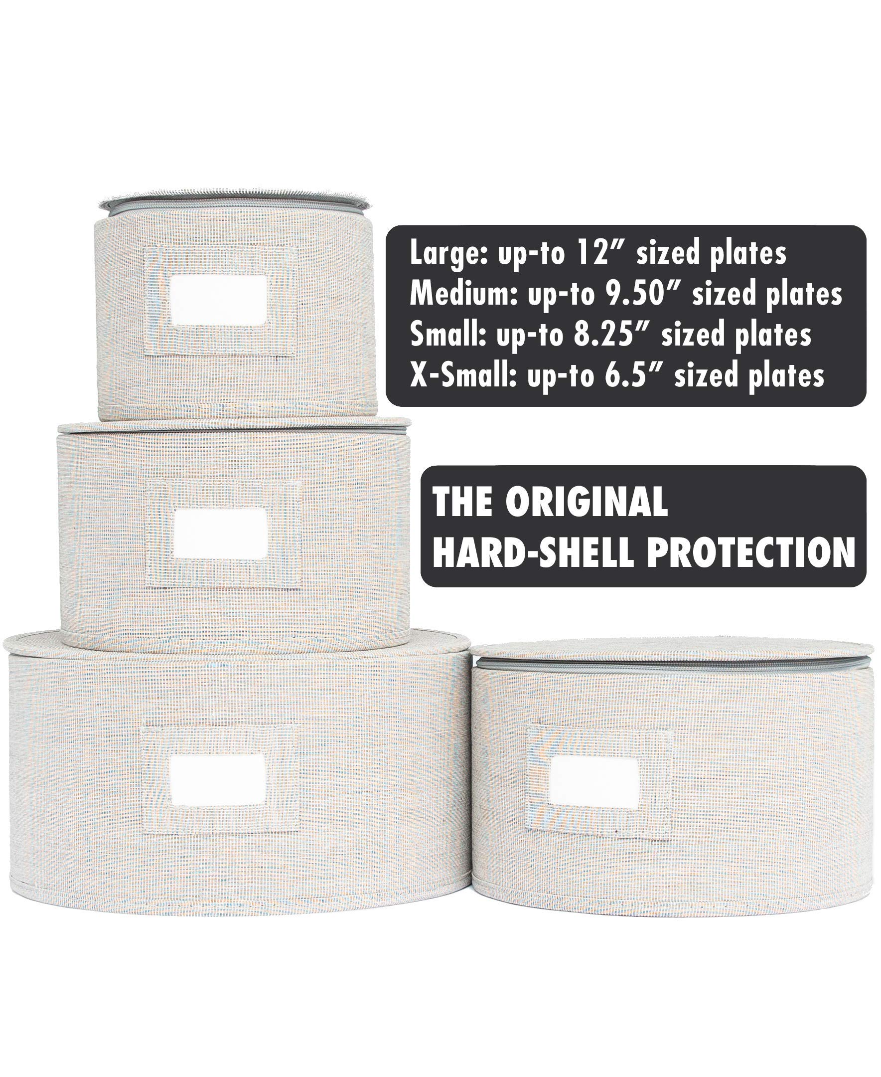Space Grey Twill Hard Shell Round China Plates Storage Container with Secure Lid (11.5”, 9.5”, 8.25”, 6”) - Stackable Dish Organizer for Kitchen, Dining, and Buffet Servings