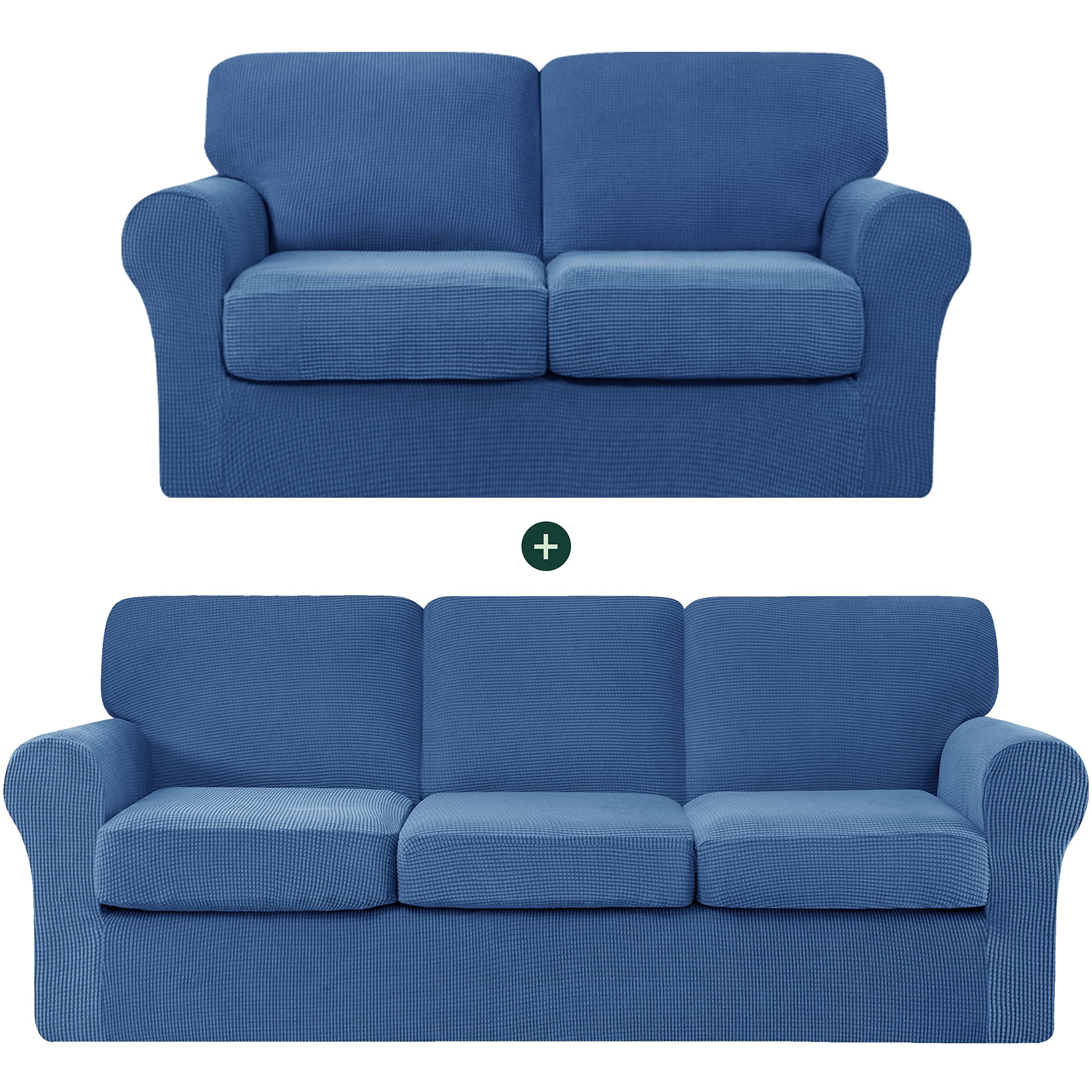 CHUN YI Loveseat Sofa Cover Set - Stretchable Jacquard Fabric Slipcover with Detachable Backrest & Cushions (Denim Blue) - Perfect for Living Room, Bedroom, and Home Decor Protection