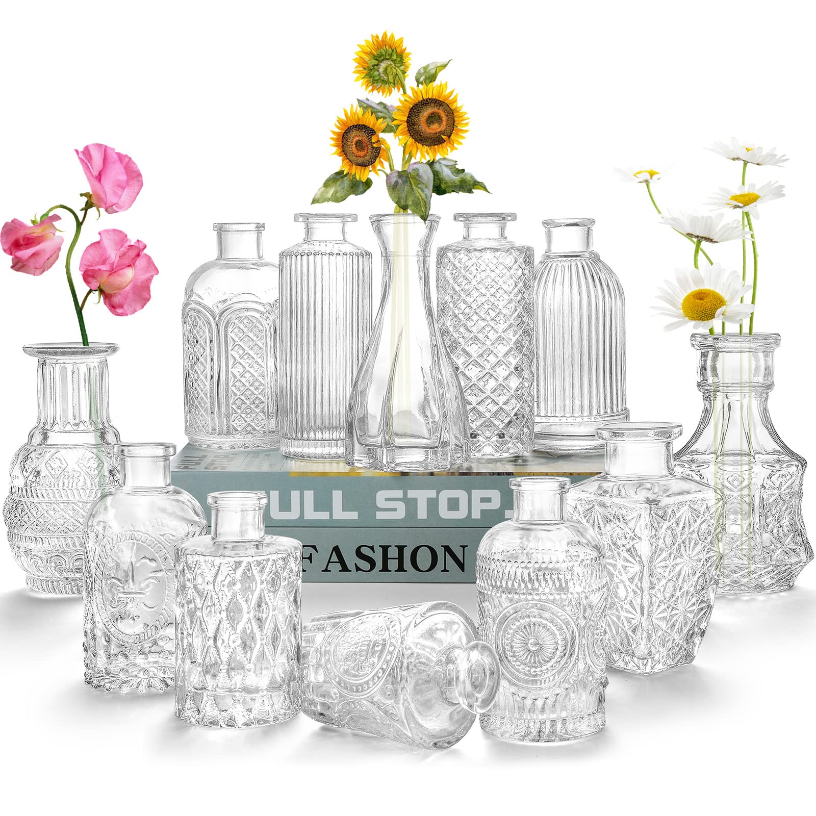 12-Piece Glass Bud Vase Set - Small Clear Mini Vintage Flower Vases for Wedding Centerpieces, Home Decor & Table Arrangements | Perfect for Weddings, Parties, and DIY Floral Displays