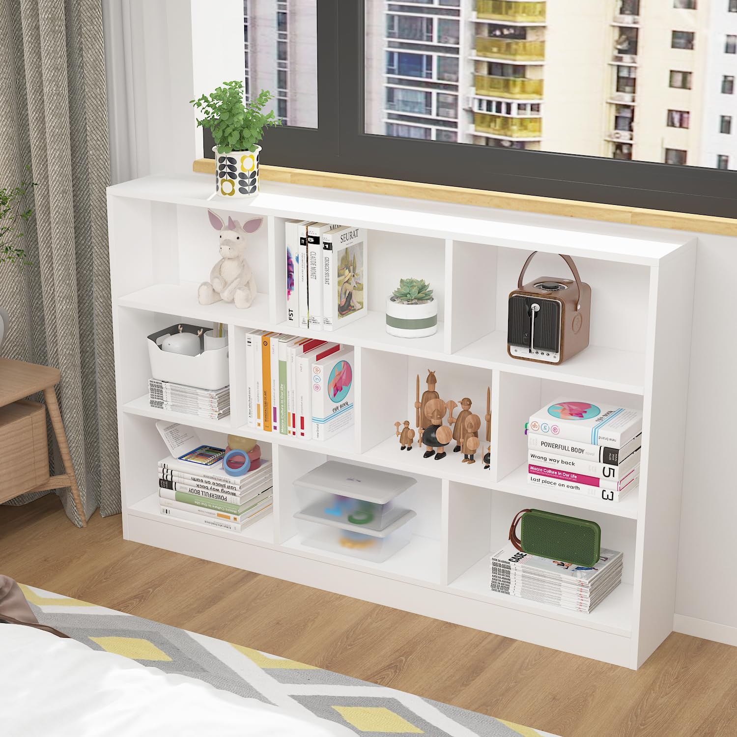 AIEGLE 10-Cube Bookshelf - 3-Tier Wooden Storage Organizer for Kids Bedroom, White Modern Bookcase (55.1