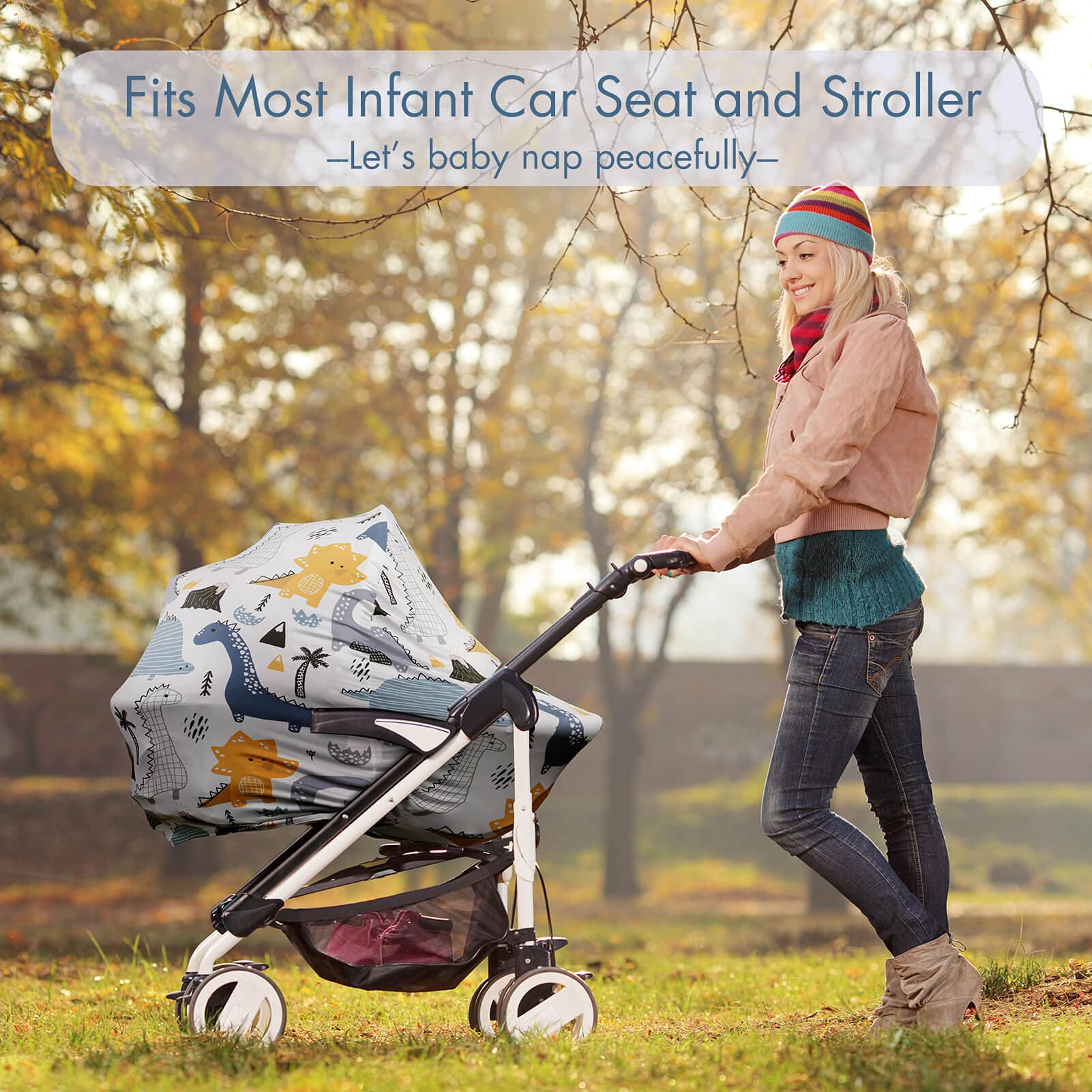 YIVEKO Stretchy Baby Car Seat Cover for Boys & Girls - Universal Nursing Cover for Breastfeeding, Shopping Cart, High Chair & Stroller - Dinosaur Print Baby Car Seat Canopy - Perfect for Travel, Shopping & Outdoor Activities