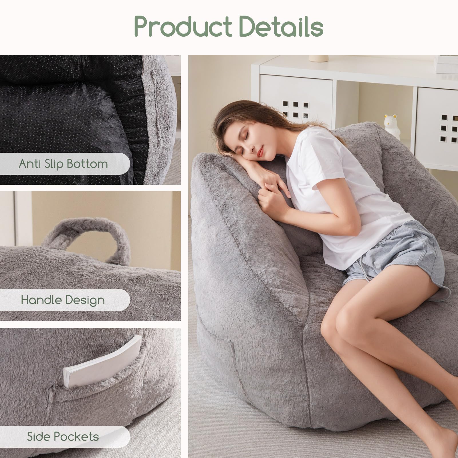 MAXYOYO Bean Bag Chair for Adults, Kids & Teens - Soft Floor Sofa with Handle for Gaming, Reading & Relaxing - Grey - Perfect for Living Room, Bedroom & Game Room
