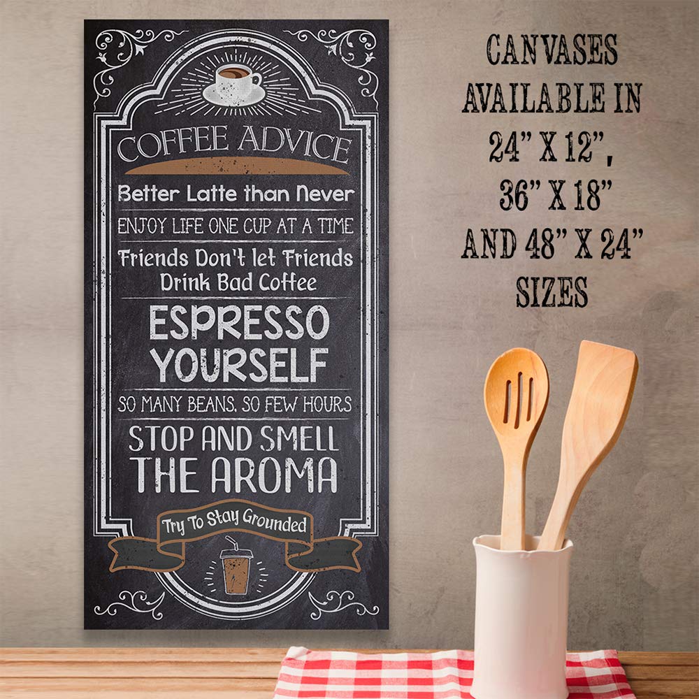 Extra Large 24x48 Coffee Advice Espresso Yourself Chalkboard Wood Style Vertical Stretched Canvas - Classic Coffee Bar Decor, Kitchen Table Accessories, Farmhouse Display | Perfect for Coffee Shops, Home Kitchens & Rustic Cafés