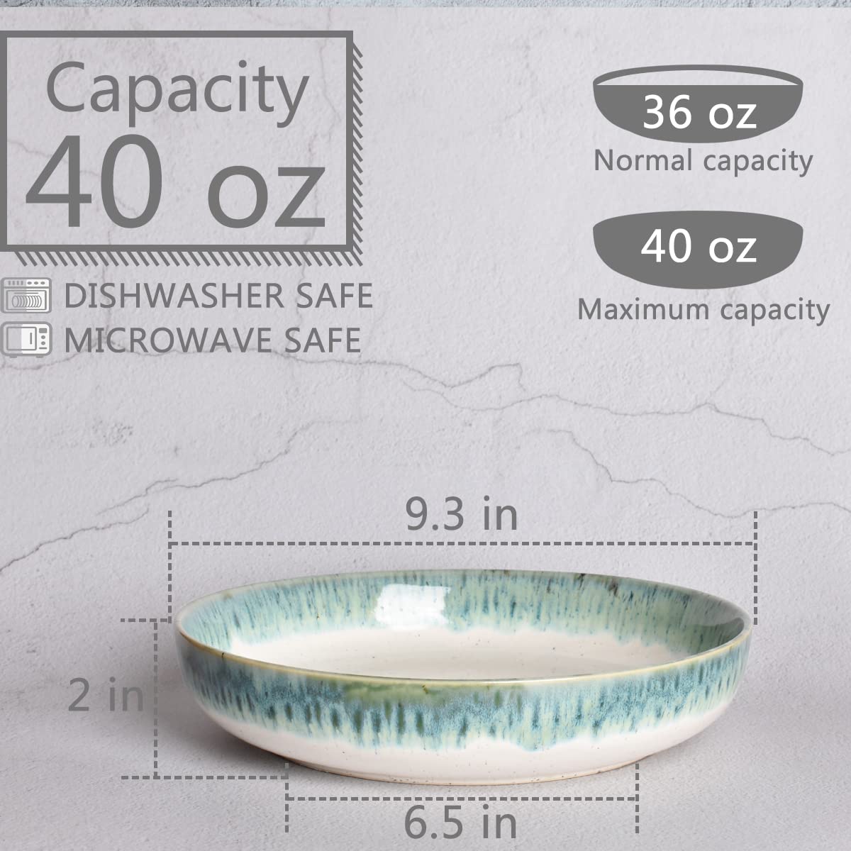 Bosmarlin 40 Oz Stoneware Pasta Bowls Set of 4 - Large Microwave & Dishwasher Safe Salad Bowls in Light Turquoise Green (9.3 Inch) - Perfect for Family Dinners, Italian Cuisine & Entertaining Guests