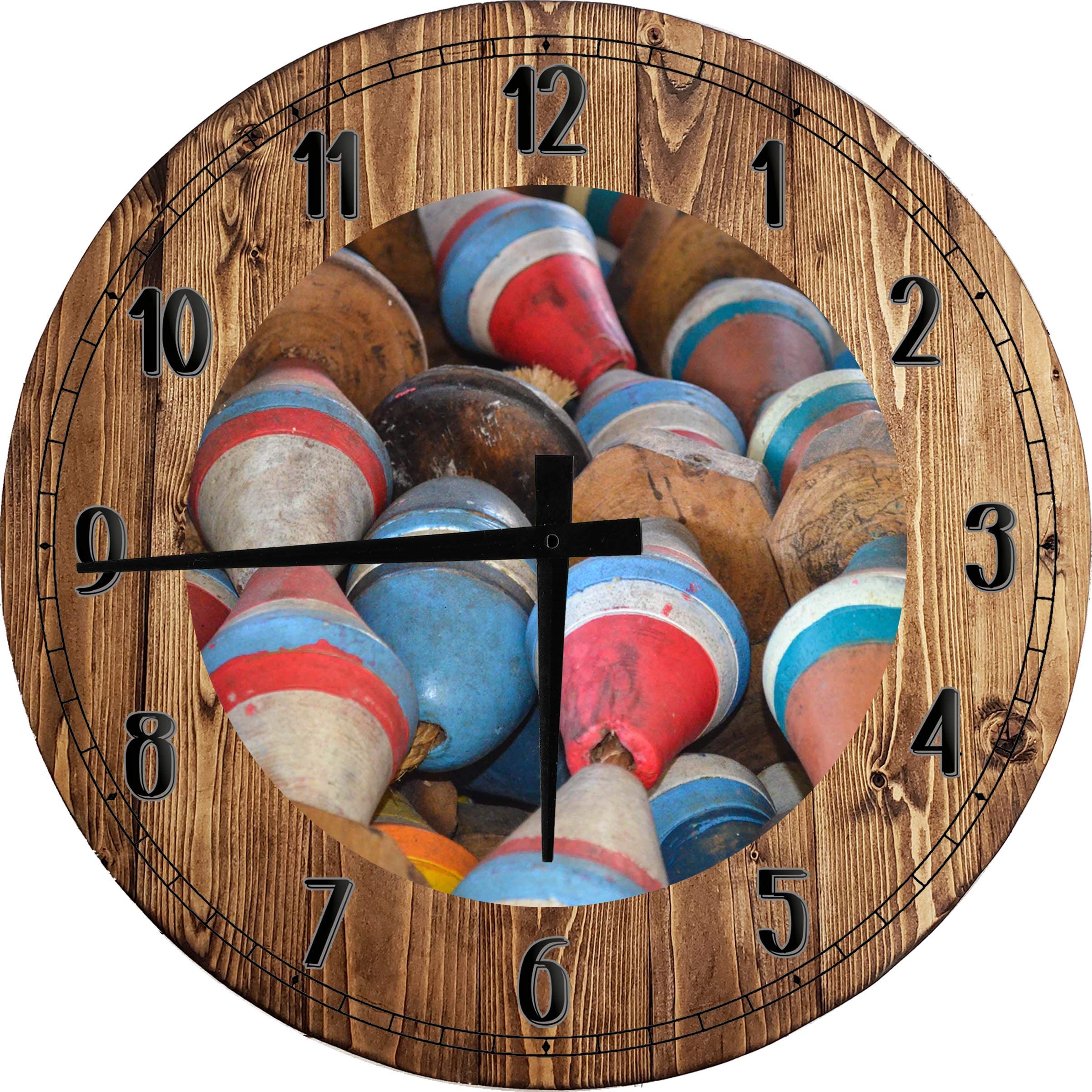 Nautical Wall Decor - 18 Inch Large Round Wood Wall Clock with Red, White, Blue & Tan Buoy Design - Perfect for Coastal Bedroom, Beach House or Living Room Decor