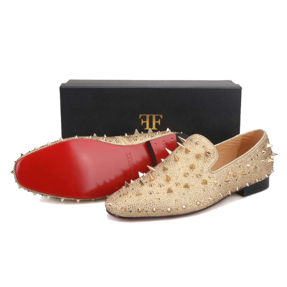 FERUCCI Men's Gold Spike Loafers with Crystal Rhinestones - Stylish Slip-On Shoes for Casual Wear & Parties