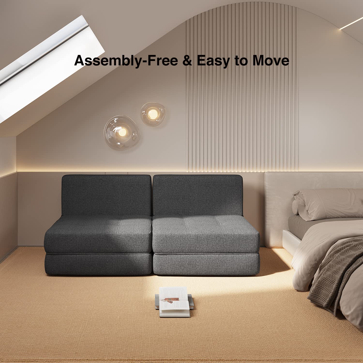 Aiho Convertible Sleeper Sofa Bed with Memory Foam - Modern Linen Fabric Futon Couch with Removable Cover - Space Saving Sofa Bed for Small Apartments, Living Rooms & Lofts - Dark Grey - Perfect for Guest Rooms, Home Offices & Studio Apartments