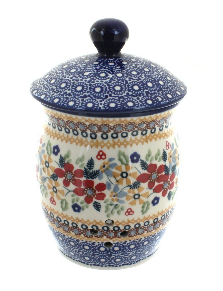 Blue Rose Polish Pottery Red Daisy Garlic Keeper - Handmade Ceramic Garlic Storage Container for Kitchen, Pantry & Dining Room Decor