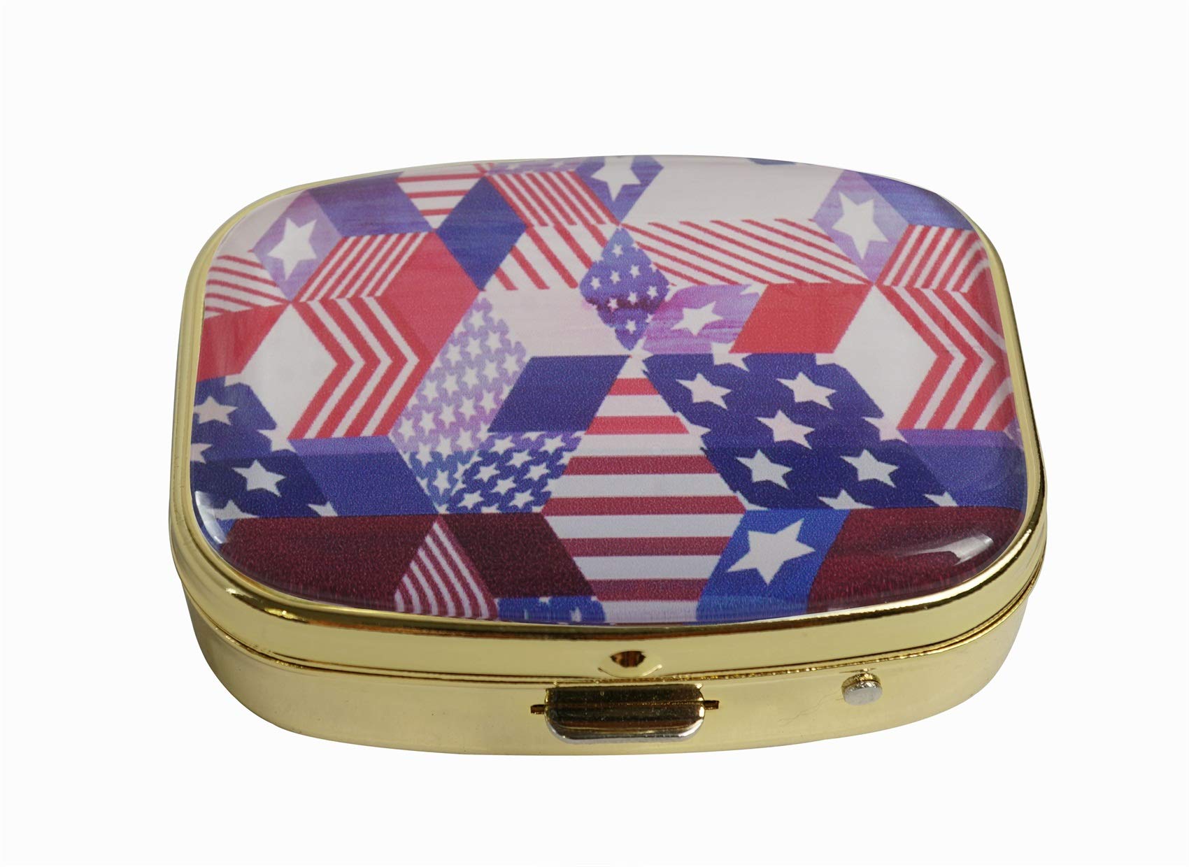Custom Fashion Square Glass Gold Pill Box for Purse - Decorative Metal Container with American Flag Design | Perfect for Travel, Medication Storage & Gift Giving