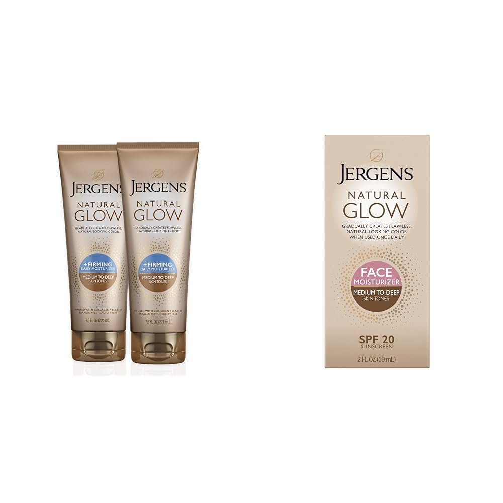 Jergens Natural Glow +FIRMING Self Tanner Body Lotion for Medium to Tan Skin | Natural Glow Face Moisturizer with SPF 20 Sunscreen | Gradual Tanning & Firming for Smooth, Sun-Kissed Skin | Perfect for Beach Days & Summer Glow