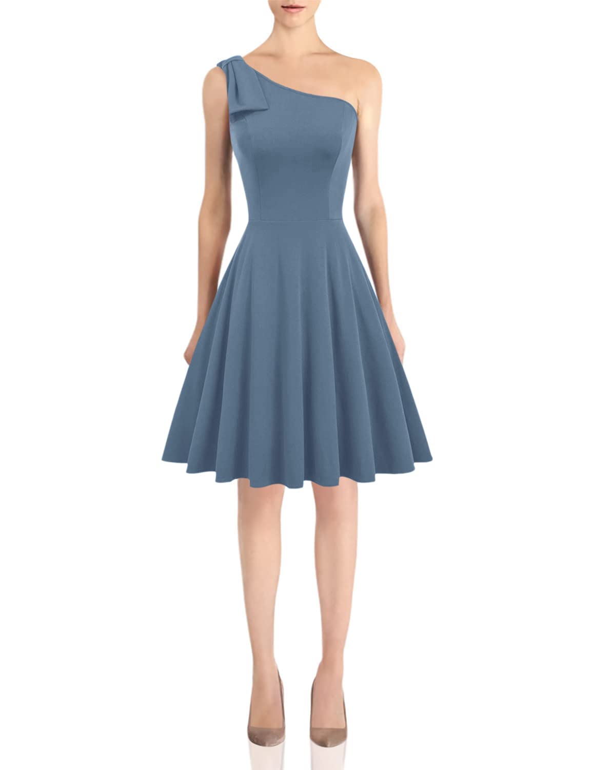 JASAMBAC Women's Elegant One Shoulder Bow Dress with Pockets - A-Line Cocktail Party Dress for Weddings, Date Nights & Special Occasions