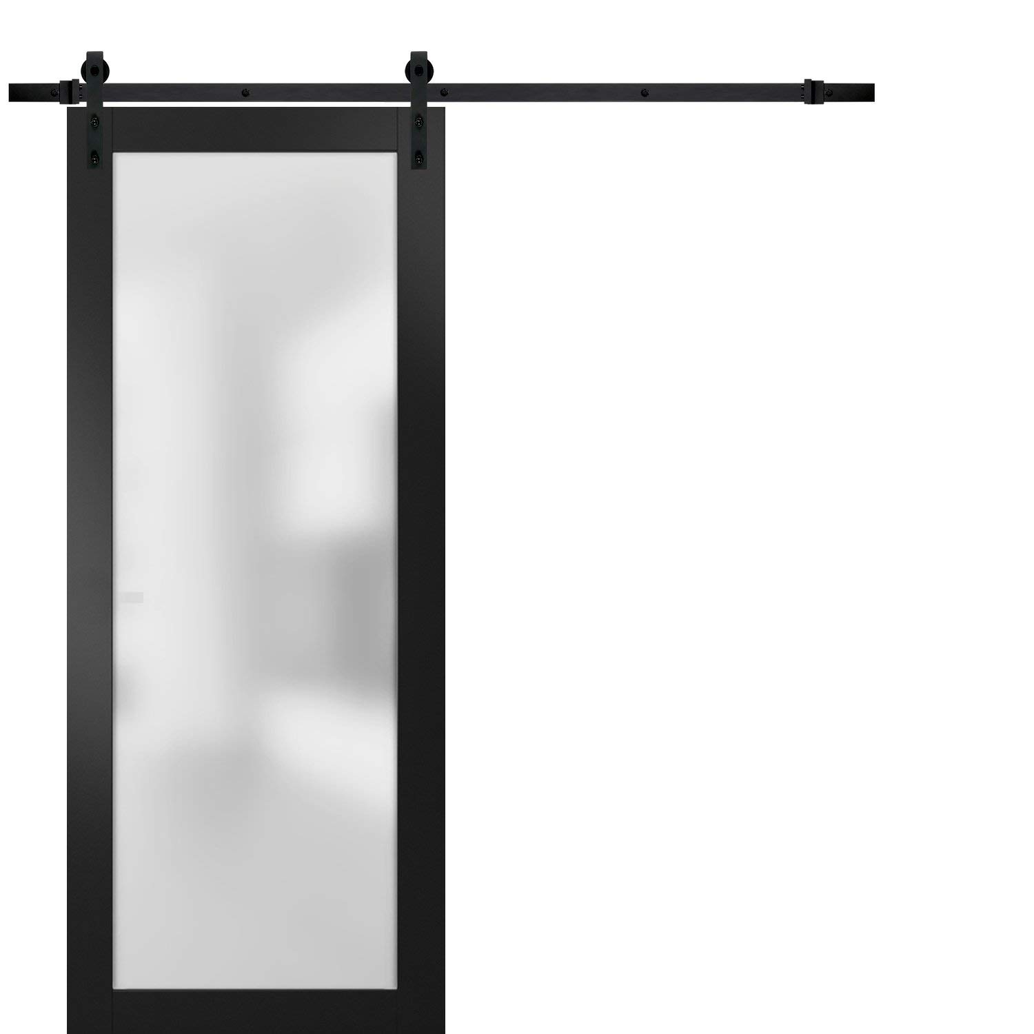 SARTODOORS 18x96 Inch Frosted Tempered Glass Barn Door with Black Matte Planum 2102 Finish - 6.6FT Top Mount Rail & Heavy Duty Hangers Hardware Set - Modern Solid Panel Interior Sliding Door for Bedroom, Closet, or Living Room Partition