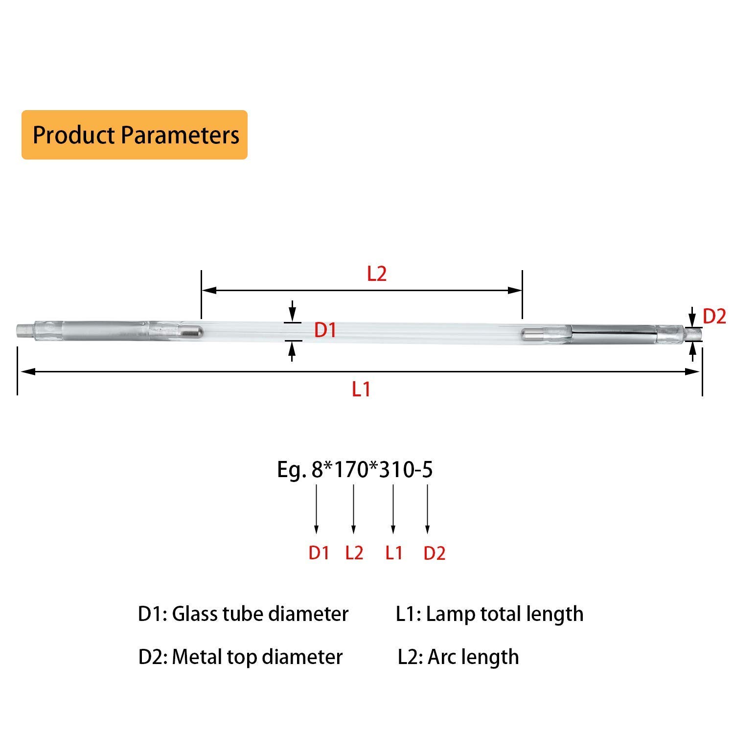 High-Power TEN-HIGH Laser Xenon Pulsed Lamp for Fiber Welding & Cutting - 8mm Diameter (8*180*330-5) - Ideal for Industrial Laser Equipment & Precision Metal Fabrication