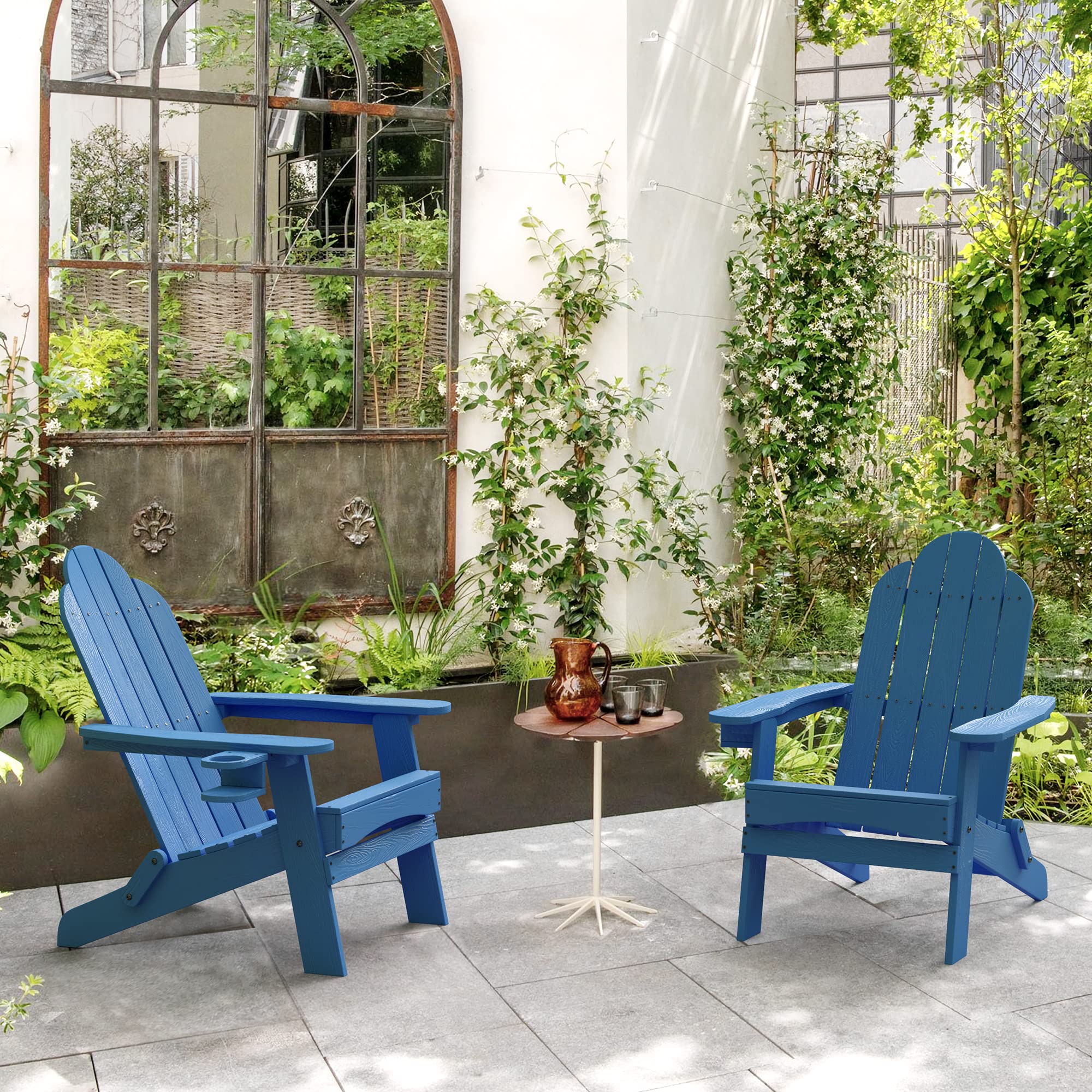 LUE BONA Folding Adirondack Chair Set of 2 - Navy Blue HDPS Fire Pit Patio Chairs, Weather Resistant Modern Plastic Outdoor Chairs with Cup Holder - Perfect for Backyard, Garden, Poolside & Camping Relaxation