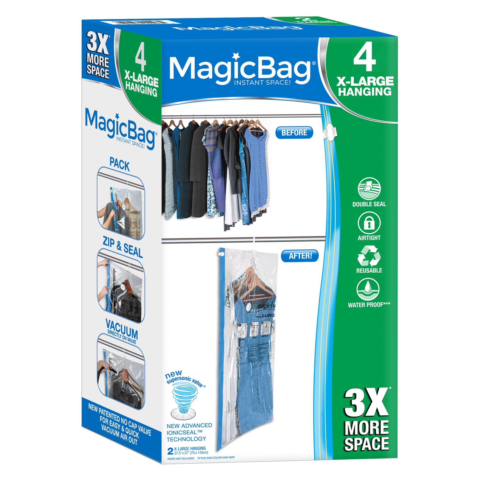 Smart Design MagicBag Instant Space Saver Storage Bags - Extra Large Hanging Vacuum Seal Bags for Clothes, Pillows, Blankets (Set of 4) - Airtight Double Zipper for Home Organization - Perfect for Travel, Seasonal Storage & Small Space Living