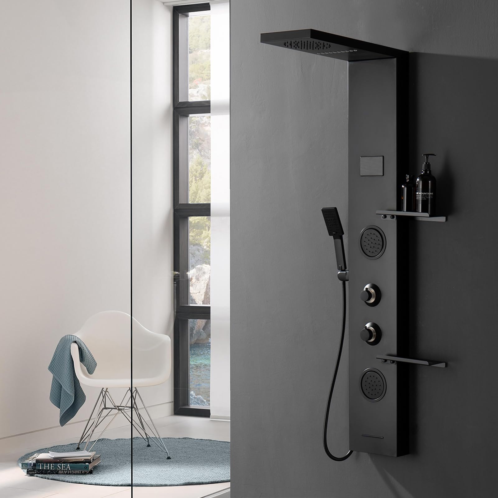 Homevacious 4-in-1 Shower Panel System with LED Rainfall Shower Head, Adjustable Body Jets & Handheld Spray - Matte Black Stainless Steel Bathroom Fixture for Spa-Like Relaxation | Perfect for Modern Bathroom Renovations & Luxury Shower Experiences