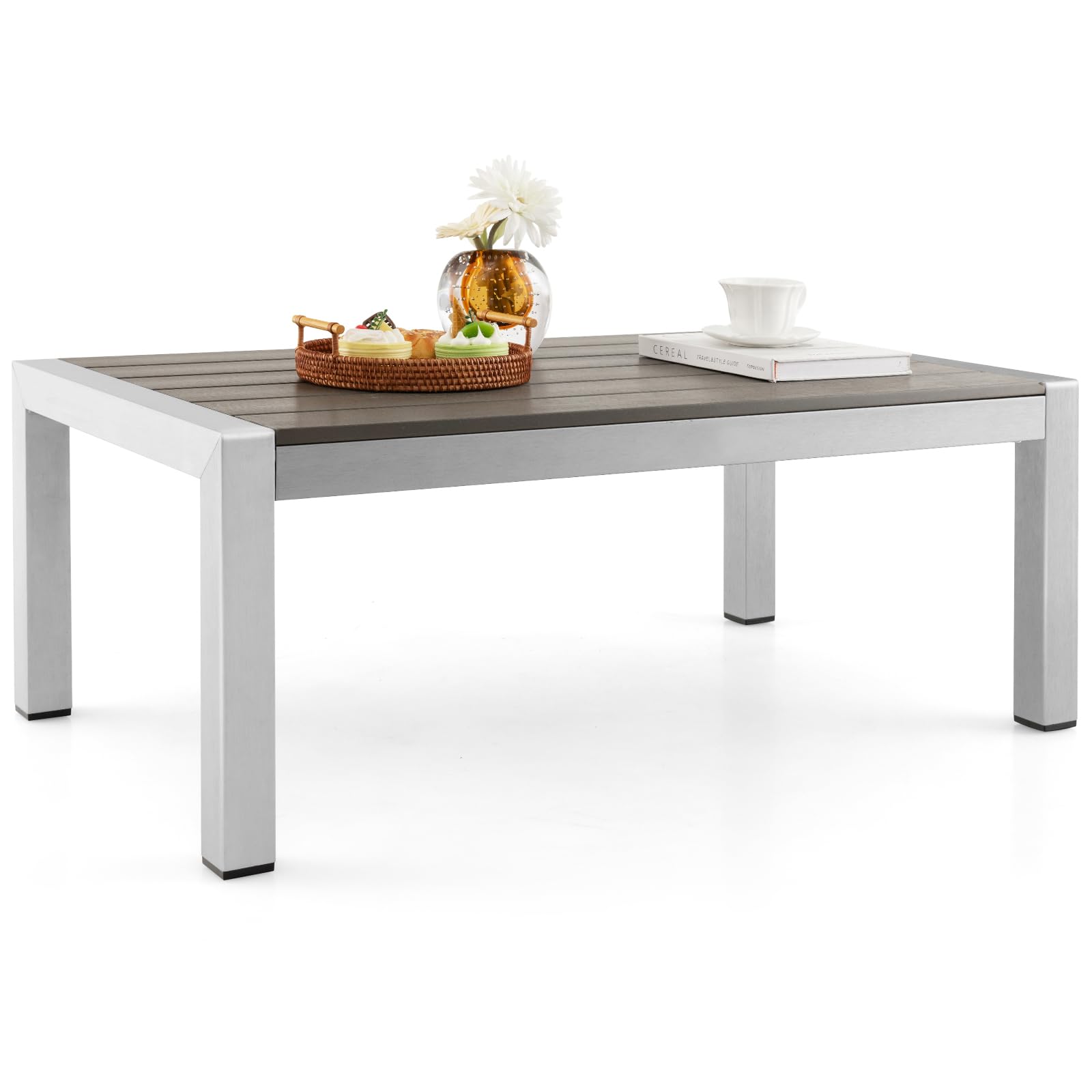 Tangkula Modern Outdoor Coffee Table - Aluminum Frame & Durable Plastic Wood Tabletop, Rustproof Rectangular Cocktail Table for Patio, Garden, Poolside - All-Weather Grey Accent Furniture for Relaxing & Entertaining