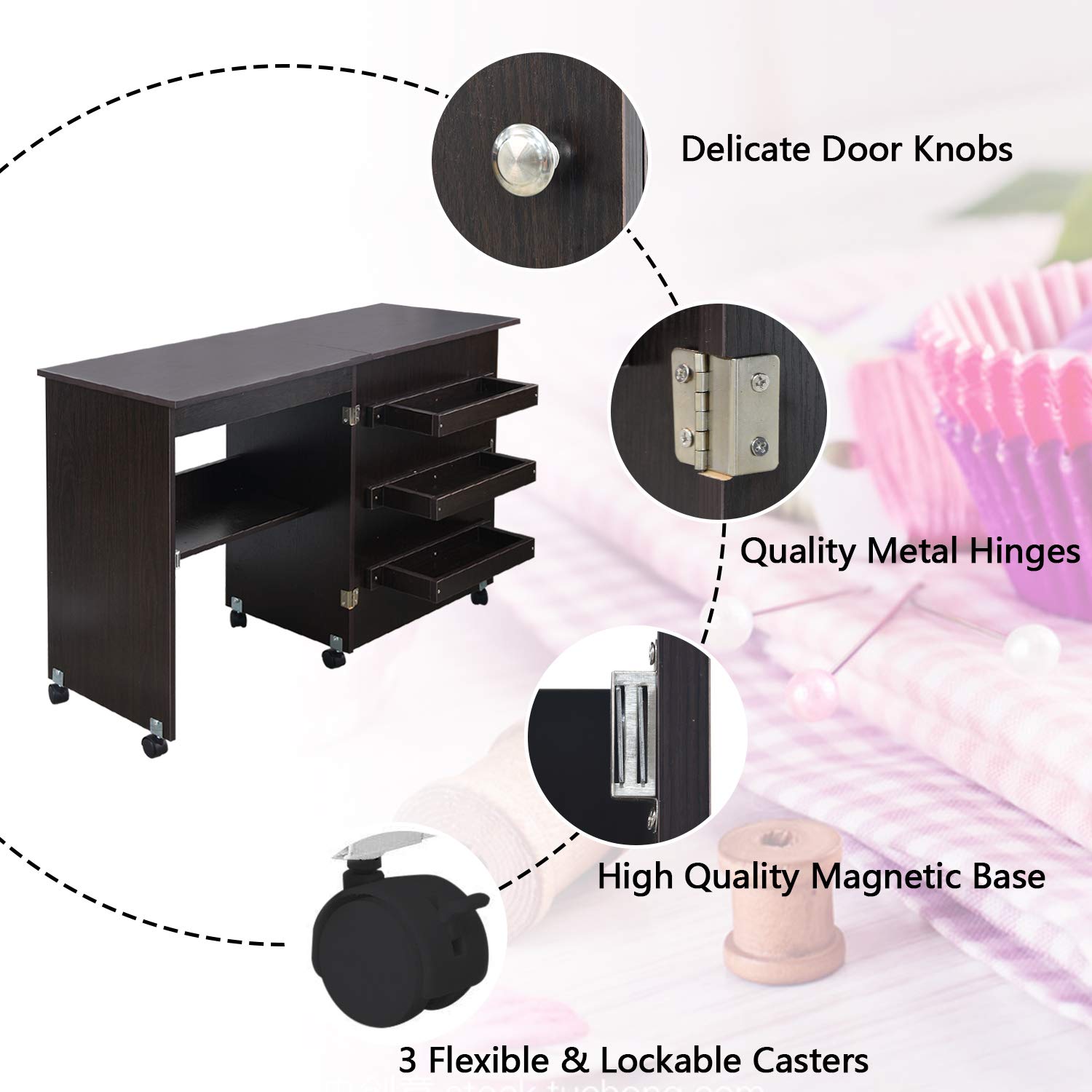 Usinso Folding Sewing Table with Storage Shelves - Portable Rolling Sewing Machine Cart, Multifunctional Craft Cabinet & Computer Desk with Lockable Casters (Dark Brown) - Perfect for Home Sewing Projects, Quilting, and DIY Craft Workspaces