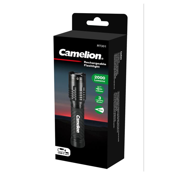 Camelion RT301 2000 Lumens Rechargeable LED Flashlight - High Power Waterproof Torch for Camping, Hiking, Emergency & Outdoor Adventures