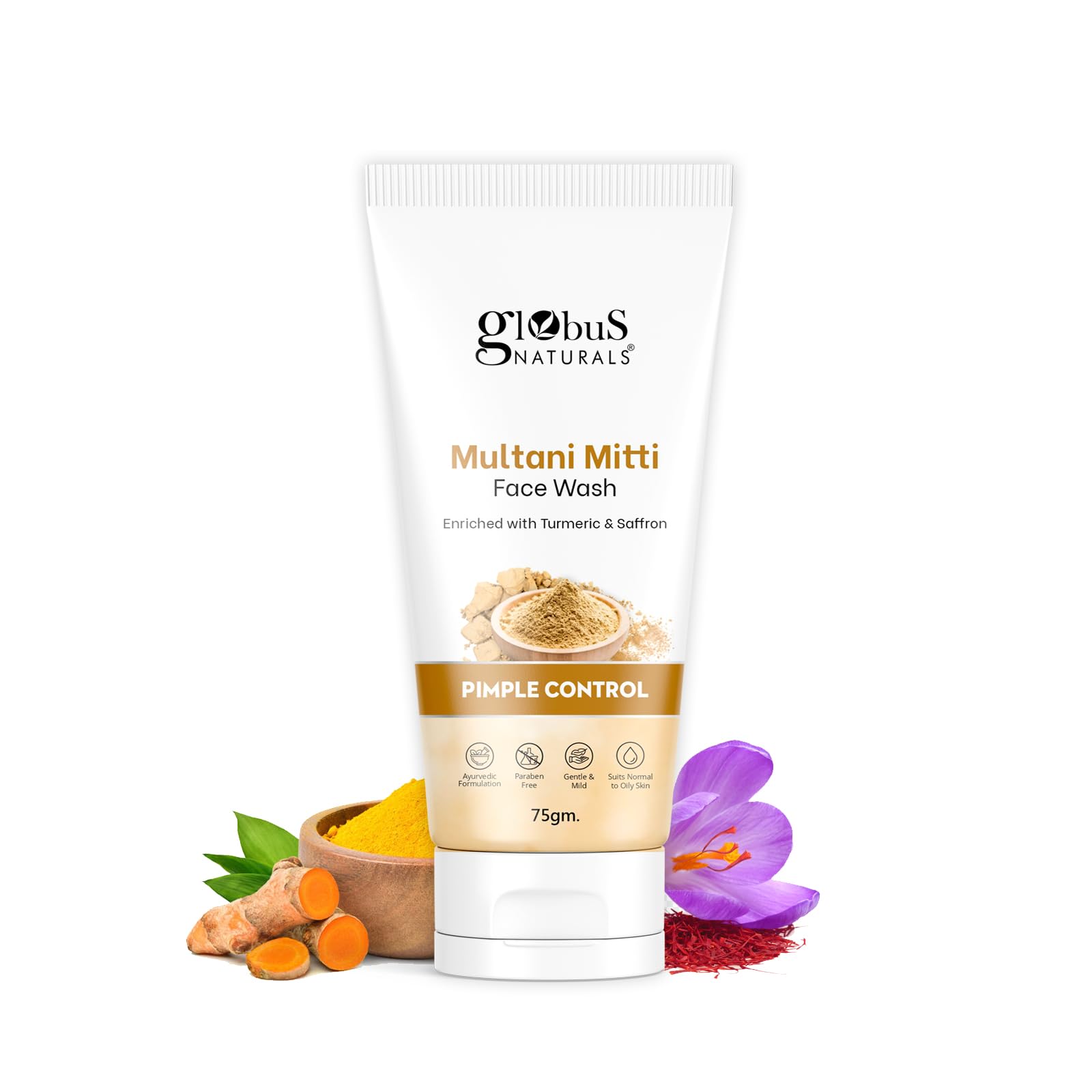 Globus Naturals Multani Mitti Face Wash with Turmeric & Saffron - Acne Treatment for Oily & Acne-Prone Skin - 75gm | Deep Cleansing & Pimple Control | Perfect for Daily Skincare Routine & Breakout Prevention