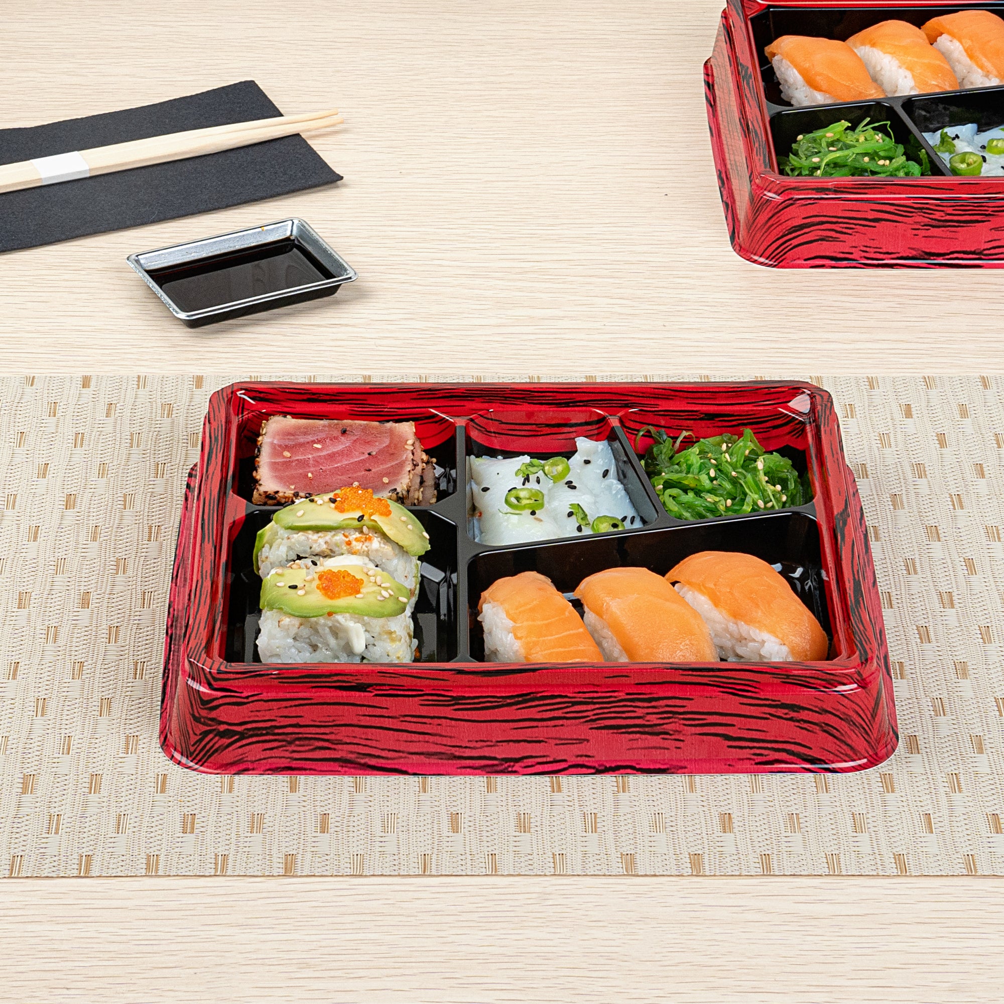 Bento Tek 18 oz Rectangle Red and Black Plastic Bento Box with 5 Compartments | 9.25