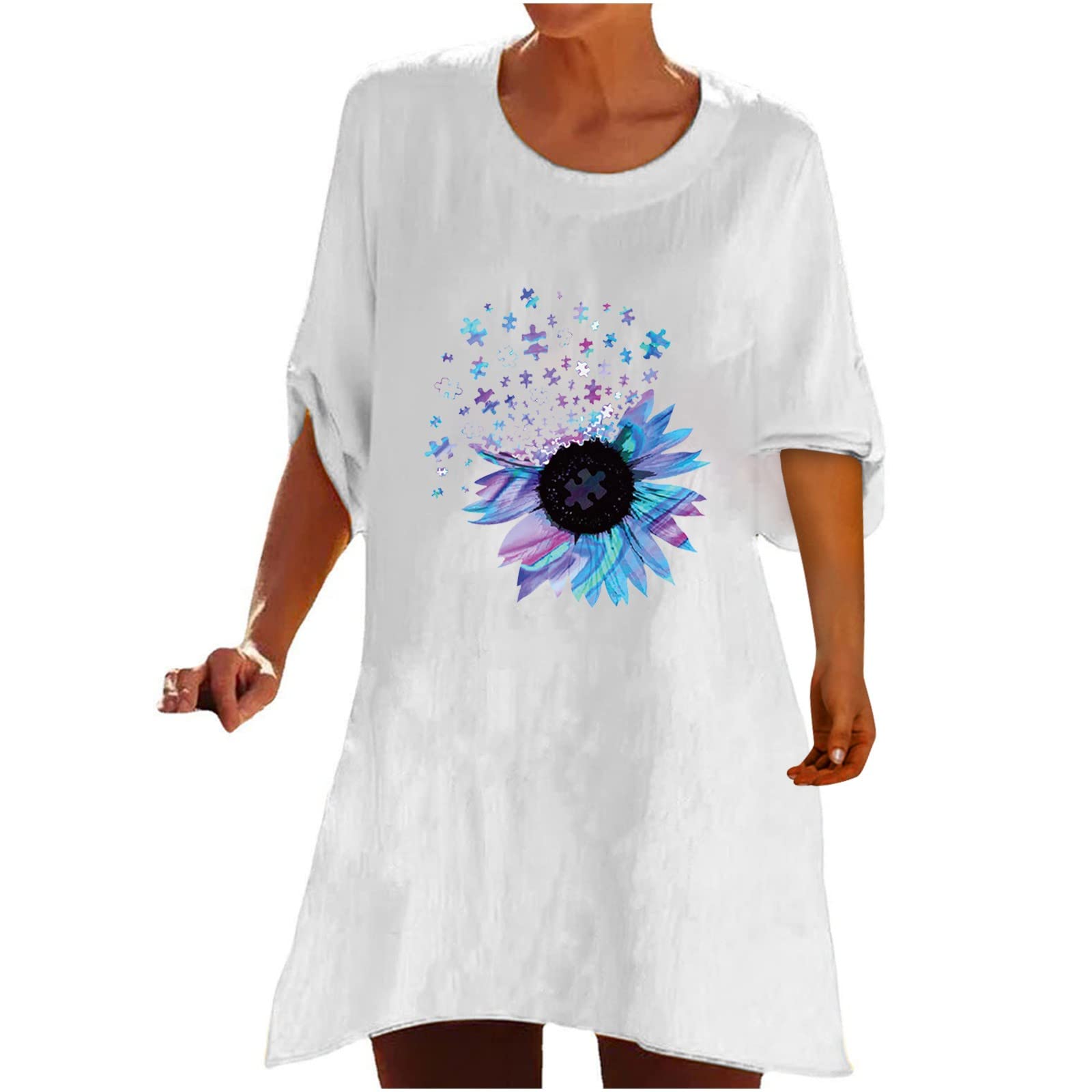 Women's Summer Crewneck Half Sleeve Tunic Tops - Soft Cotton Linen Blend Casual Shirt Dress, Trendy Loose Fit Mini Shift Dress for Beach, Vacation & Everyday Wear