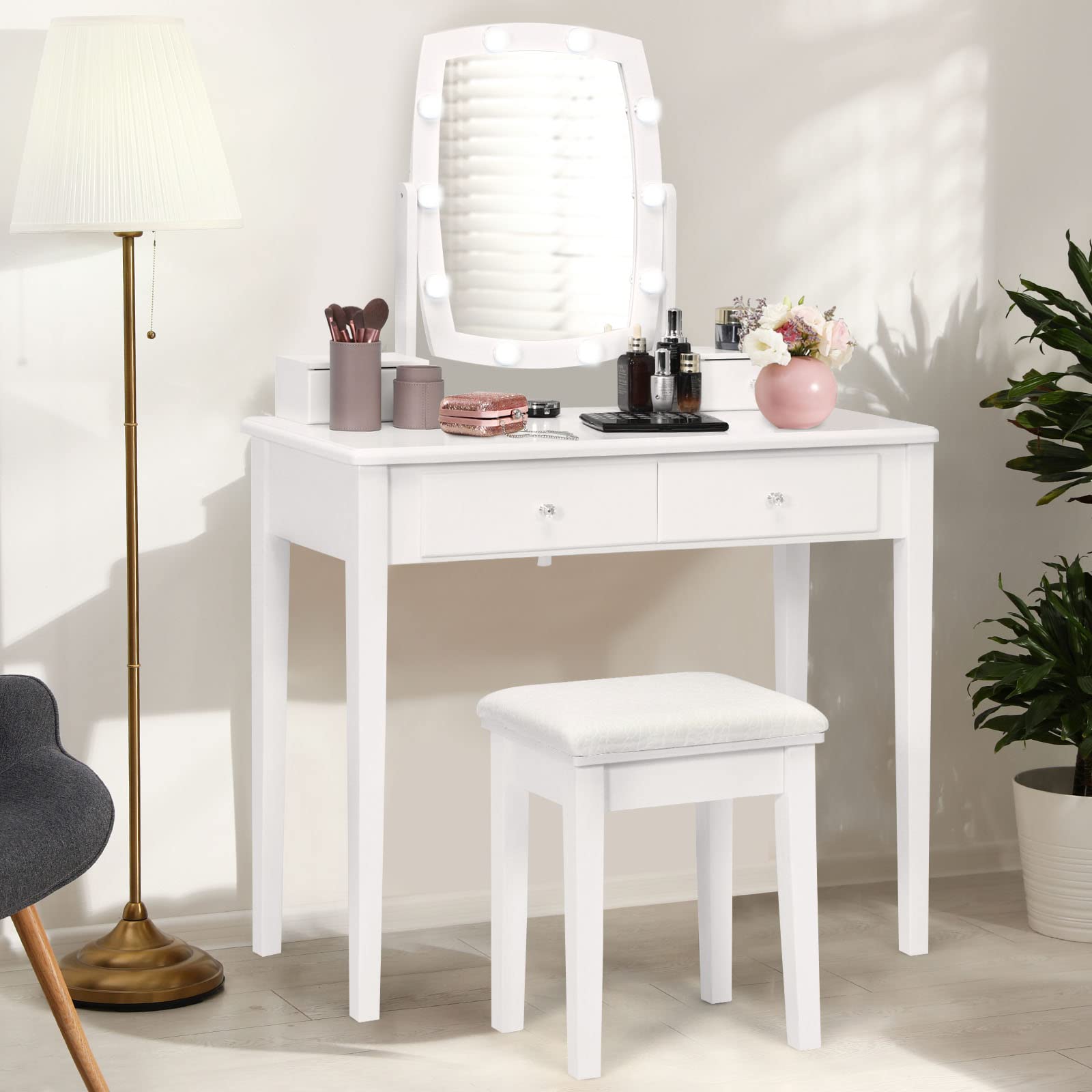 Charmaid Girls Makeup Vanity Desk with LED Mirror Lights - 10 Bulbs, 3 Lighting Modes, 4 Storage Drawers & Stool - Modern Dressing Table for Bedroom, Teen Room & Beauty Salon (White)