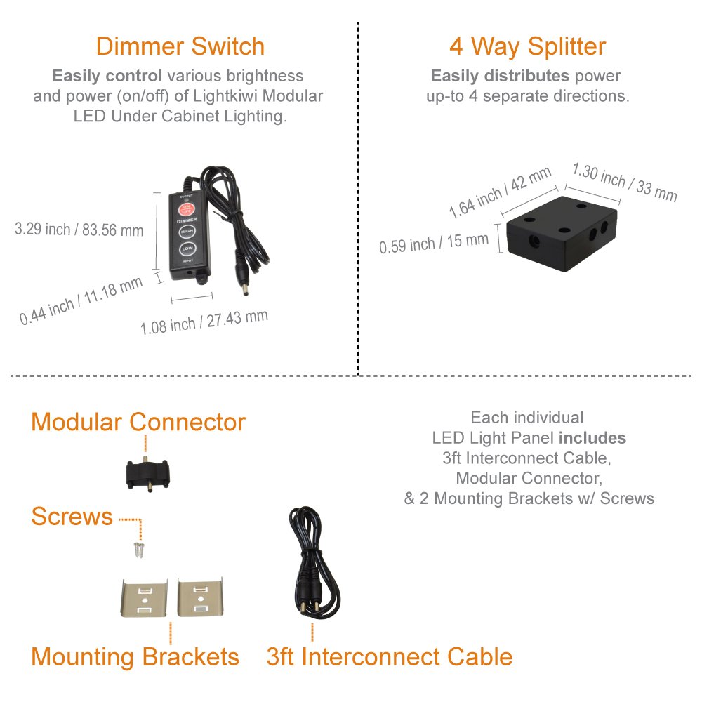 Lightkiwi Dimmable LED Under Cabinet Lighting Kit - 4 Panels (6 Inches Each) 3000K Warm White, 7.2W 24VDC with Dimmer Switch - Low Profile Aluminum Fixtures for Kitchen Counter, Pantry & Workspace - UL Listed