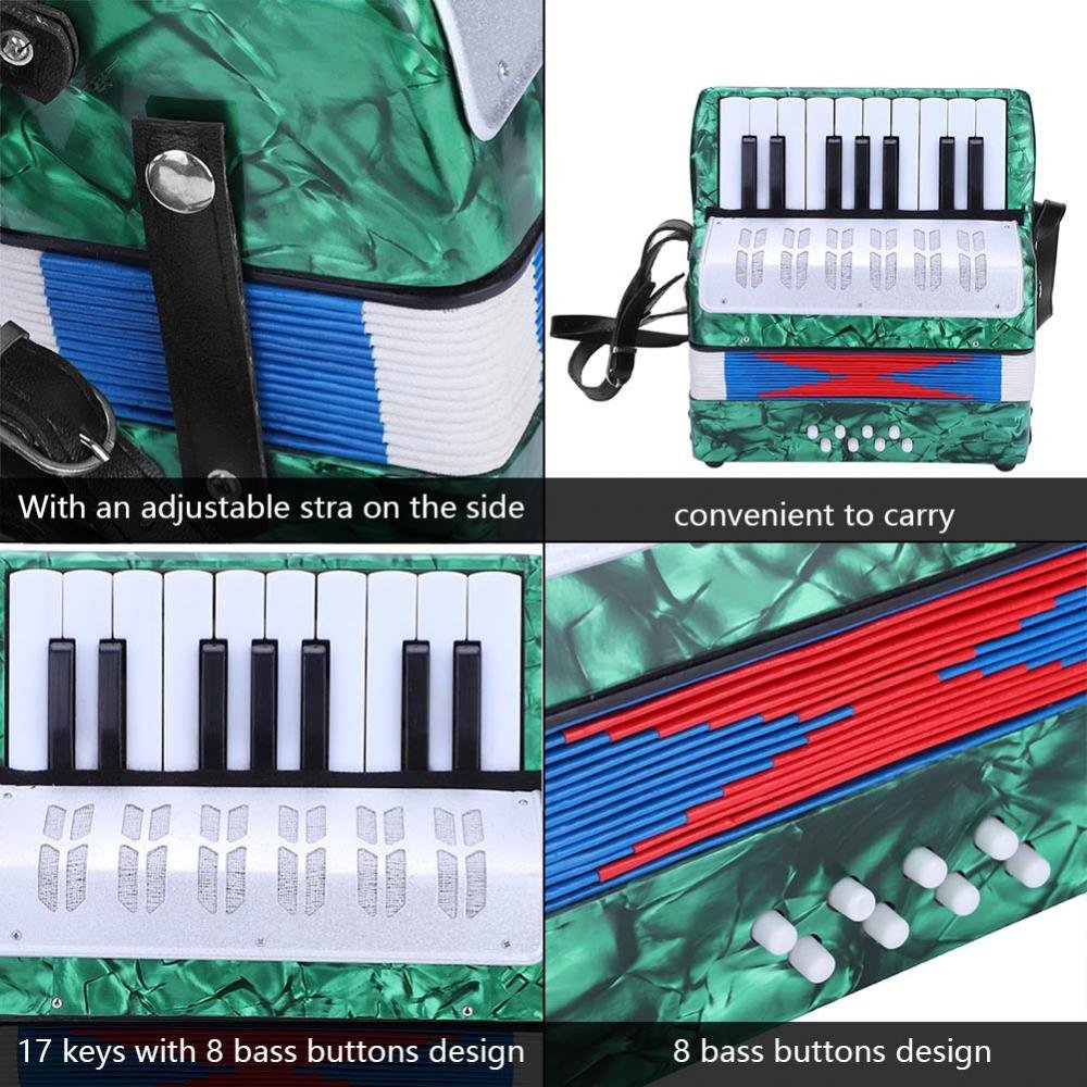 17 Key 8 Bass Button Focket Piano Accordion - Lightweight Handheld Concertina for Beginners | Educational Music Instrument with Manual | Perfect for Kids, Students & Solo/Ensemble Practice | Green (Ideal for Music Classes, Home Practice & Performances)