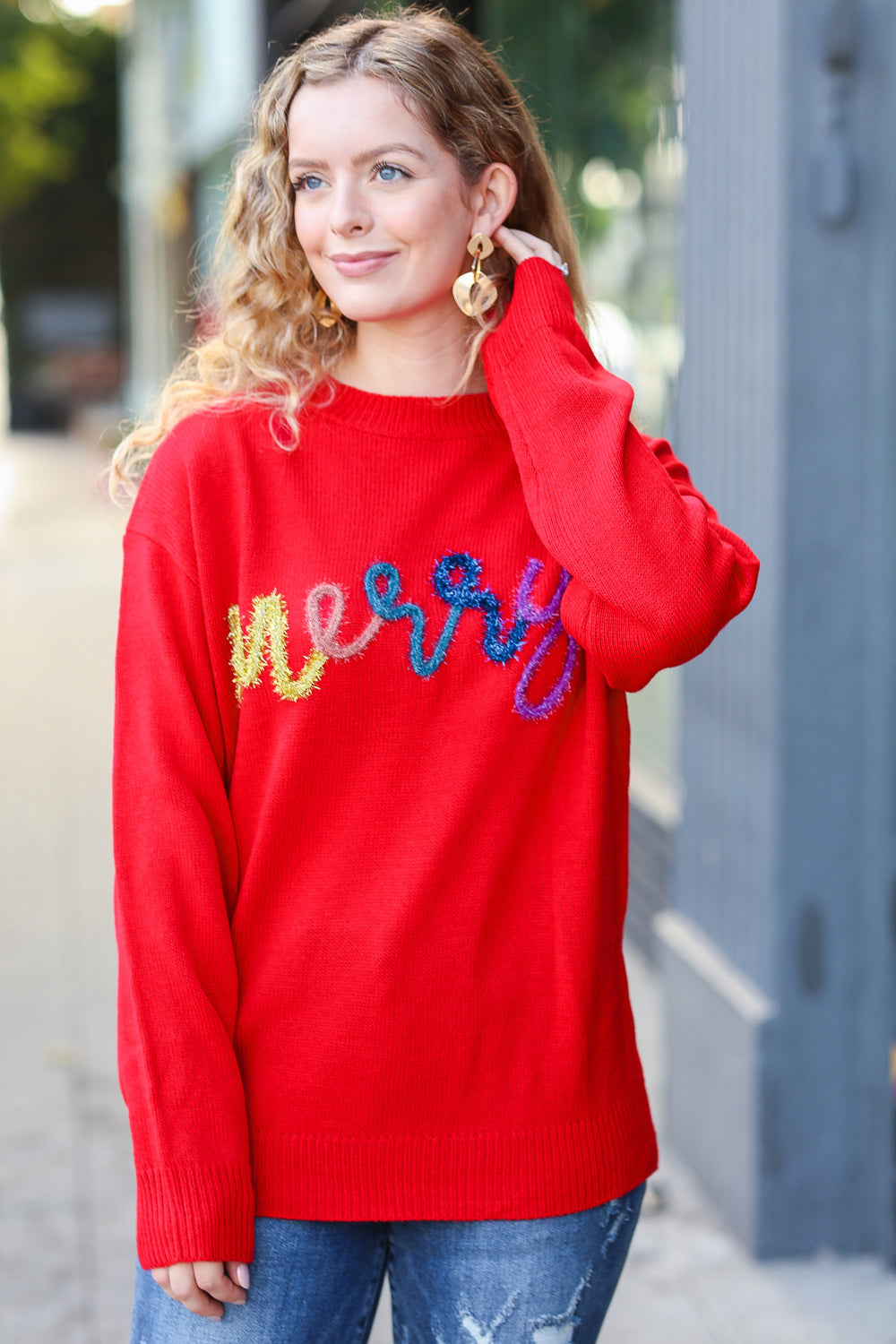 More The Merrier Red Pop Up Lurex Sweater - Women's Sparkly Holiday Party Knitwear for Christmas & New Year Celebrations