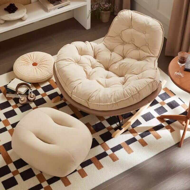 Modern Beige Upholstered Rocking Chair with Tufted Back and Solid Wood Legs - Comfortable Nursery Glider for Baby Room, Living Room or Bedroom - Perfect for Breastfeeding, Reading & Relaxing