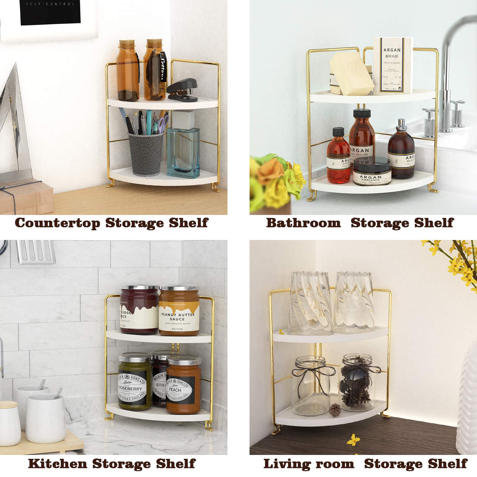2-Tier Golden Triangle Spice Rack - Space-Saving Corner Shelf for Kitchen, Bathroom, Living Room & Bedroom - Perfect for Organizing Spices, Toiletries & Decorative Items