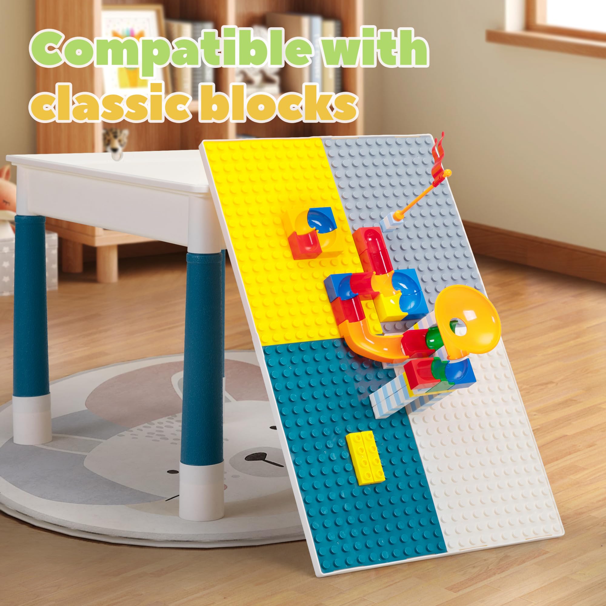 Sandinrayli 7-in-1 Kids Activity Table Set with 2 Chairs & 100Pcs Large Building Blocks - Compatible with Classic Blocks, Water & Sand Play Table, Toddler Learning & Play Center (Macaron) - Perfect for Preschool Classroom, Daycare Centers & Home Playroom Educational Toys