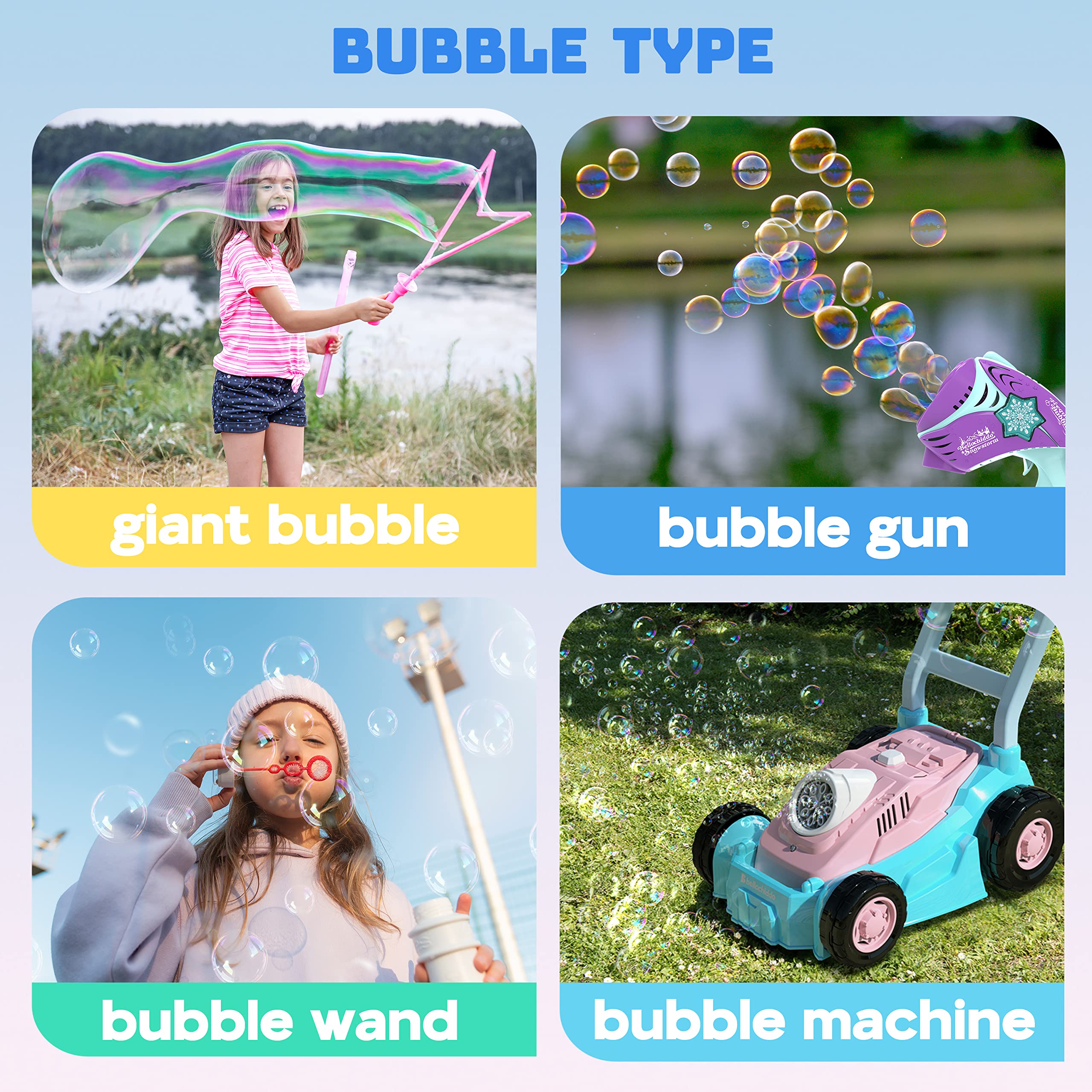 BELLOCHIDDO Bubble Solution Refill 1L/33.8 oz - Large Size for Bubble Guns, Wands, Blowers & Machines - Non-Toxic Bubble Liquid for Kids Ages 3+ (Yellow) - Perfect for Outdoor Play, Birthday Parties & Backyard Fun