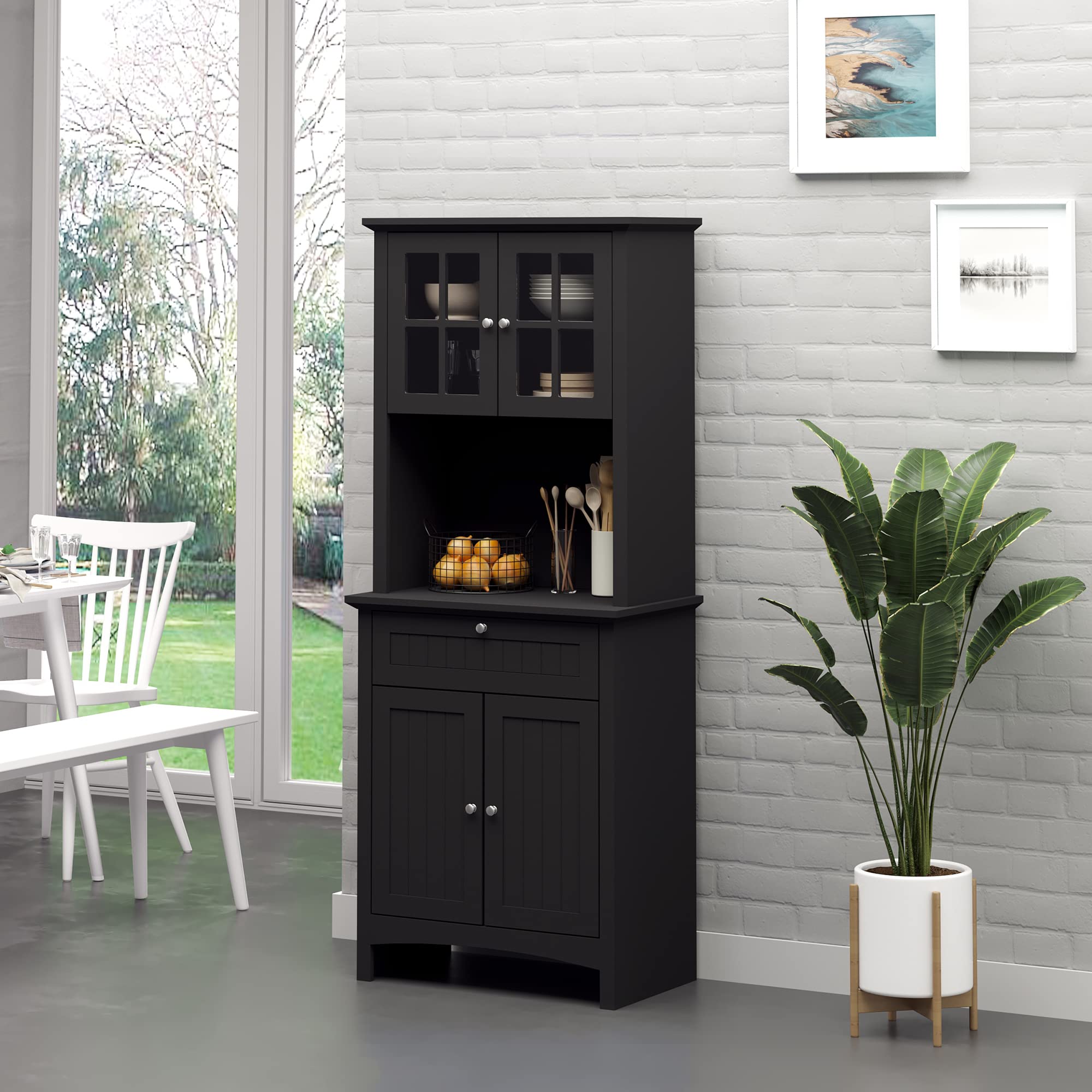 HOMCOM Elegant Buffet Hutch with Framed Glass Doors, Kitchen Pantry Storage Cabinet with Drawers & Microwave Space - Perfect for Dining Room Storage & Small Kitchen Organization, Black