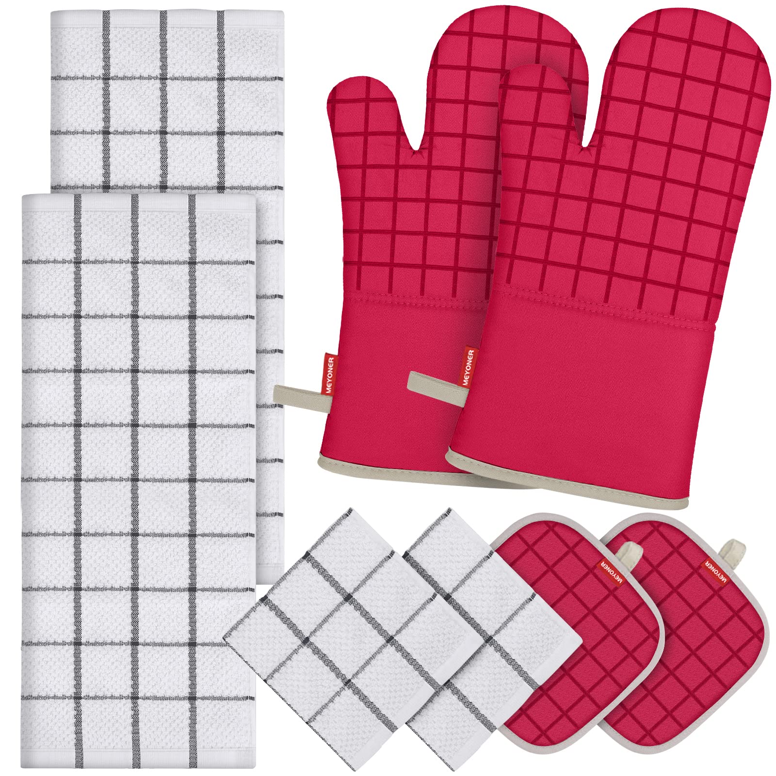 Heat Resistant Oven Mitts & Kitchen Towel Set (500°F Safe) - 8-Piece Pure Cotton Pot Holders, Washcloths & Hand Towels for Baking, Cooking & Grilling - Red