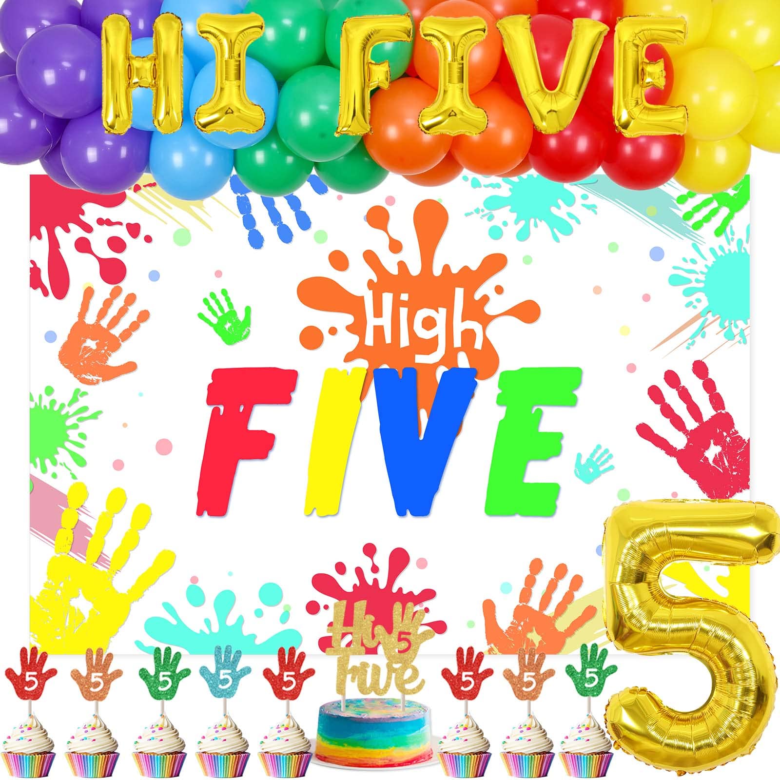 5th Birthday Party Decorations Set - Rainbow Balloons, High Five Backdrop, Number 5 Foil Cake Toppers for Boys & Girls | Perfect for 5-Year-Old Birthday Celebrations, Cake Smash Photos & Handprint Keepsakes