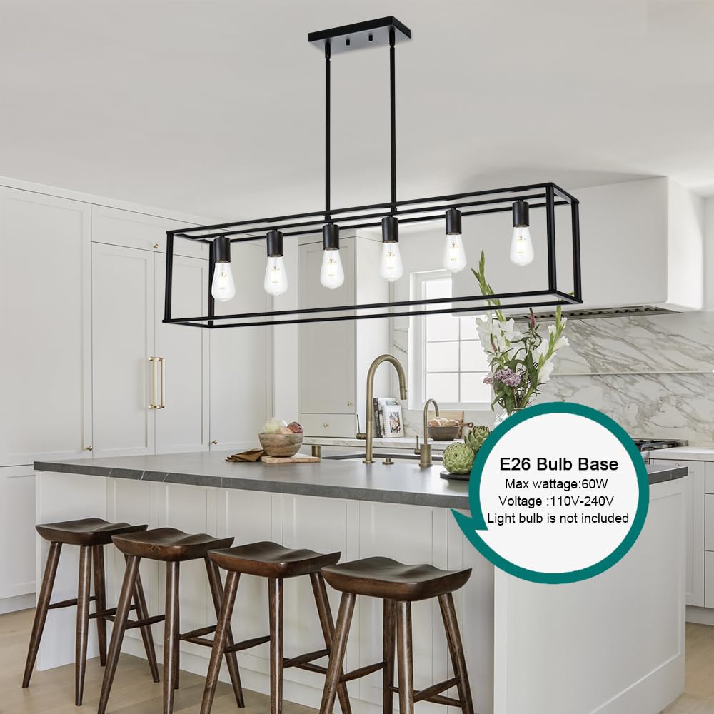 Farmhouse 6-Light Kitchen Island Pendant Lighting - Black Linear Chandelier for Dining Room, Kitchen, Bar & Game Room - E26 Base Metal Fixture - Perfect for Farmhouse Decor & Entertaining Spaces