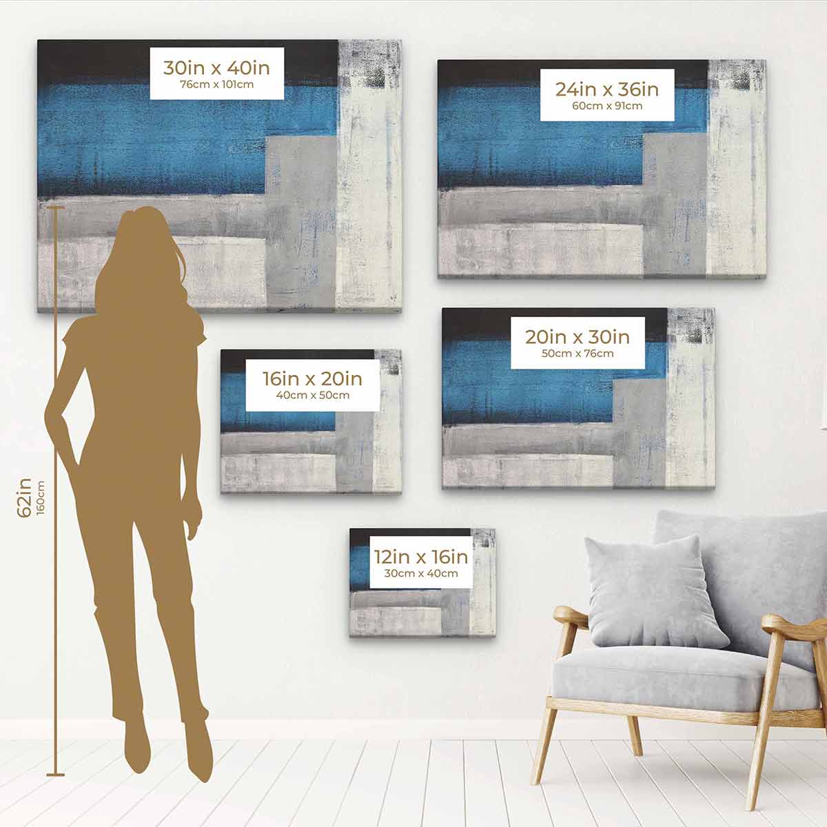 Blue Marine and Grey Straight Pattern Wall Art Canvas Print 4798 - Modern Ocean Themed Decor for Living Room, Bedroom & Office
