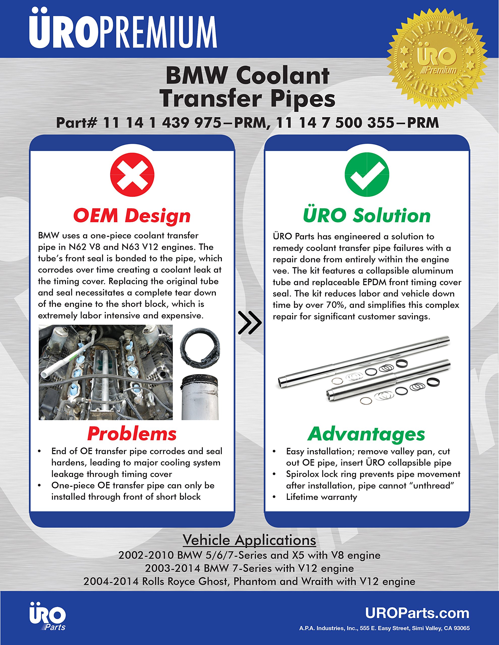 URO Parts 11141439975PRM Collapsible Water Transfer Pipe Kit - 2 Pipes, 2 Seals, 3 Shims, 3 O-rings, Lock Ring & Grease Included | Perfect for Automotive Cooling Systems & DIY Repairs