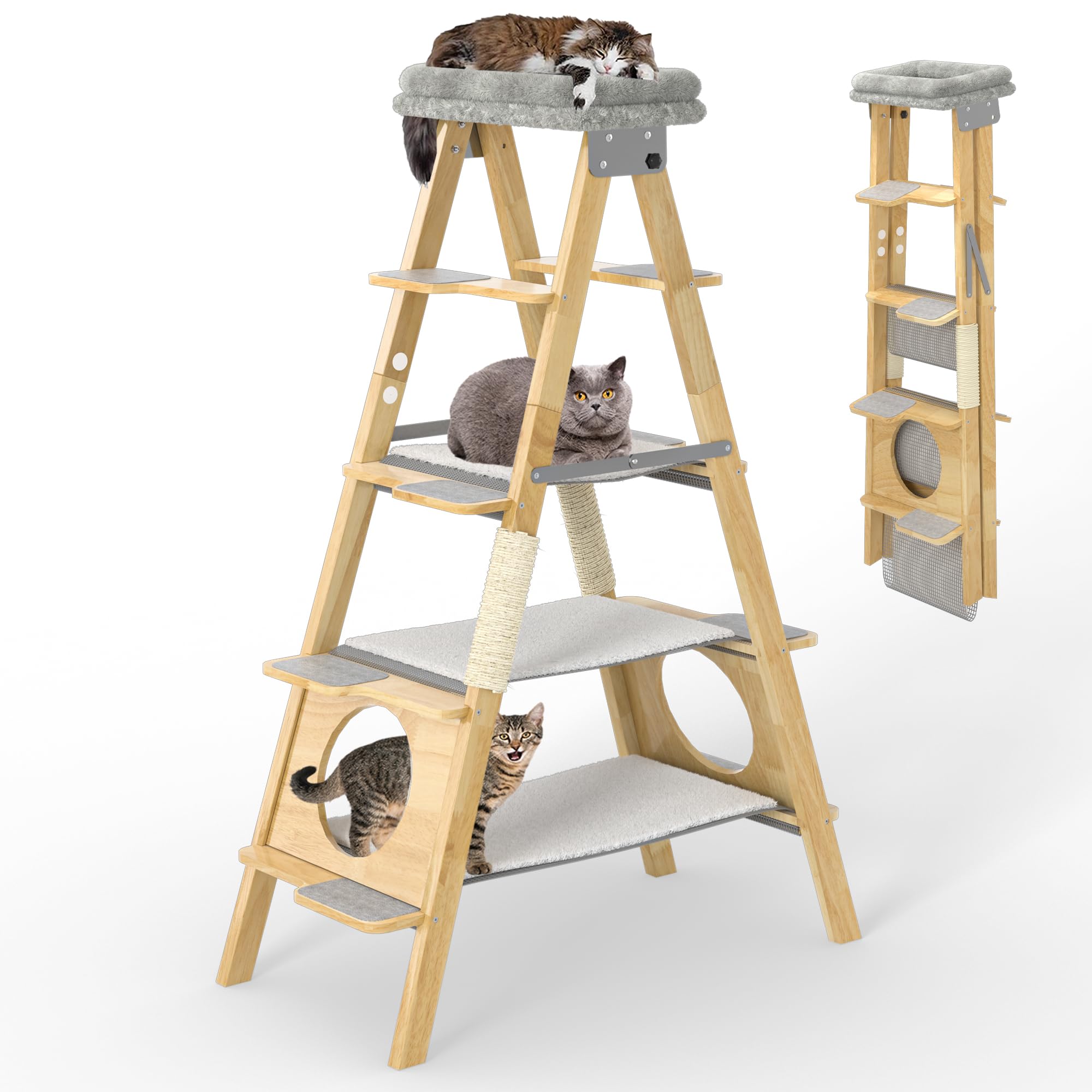 GDLF Modern Wood Cat Tree with Foldable Ladder, Hammock & Sisal Scratch Post - 60