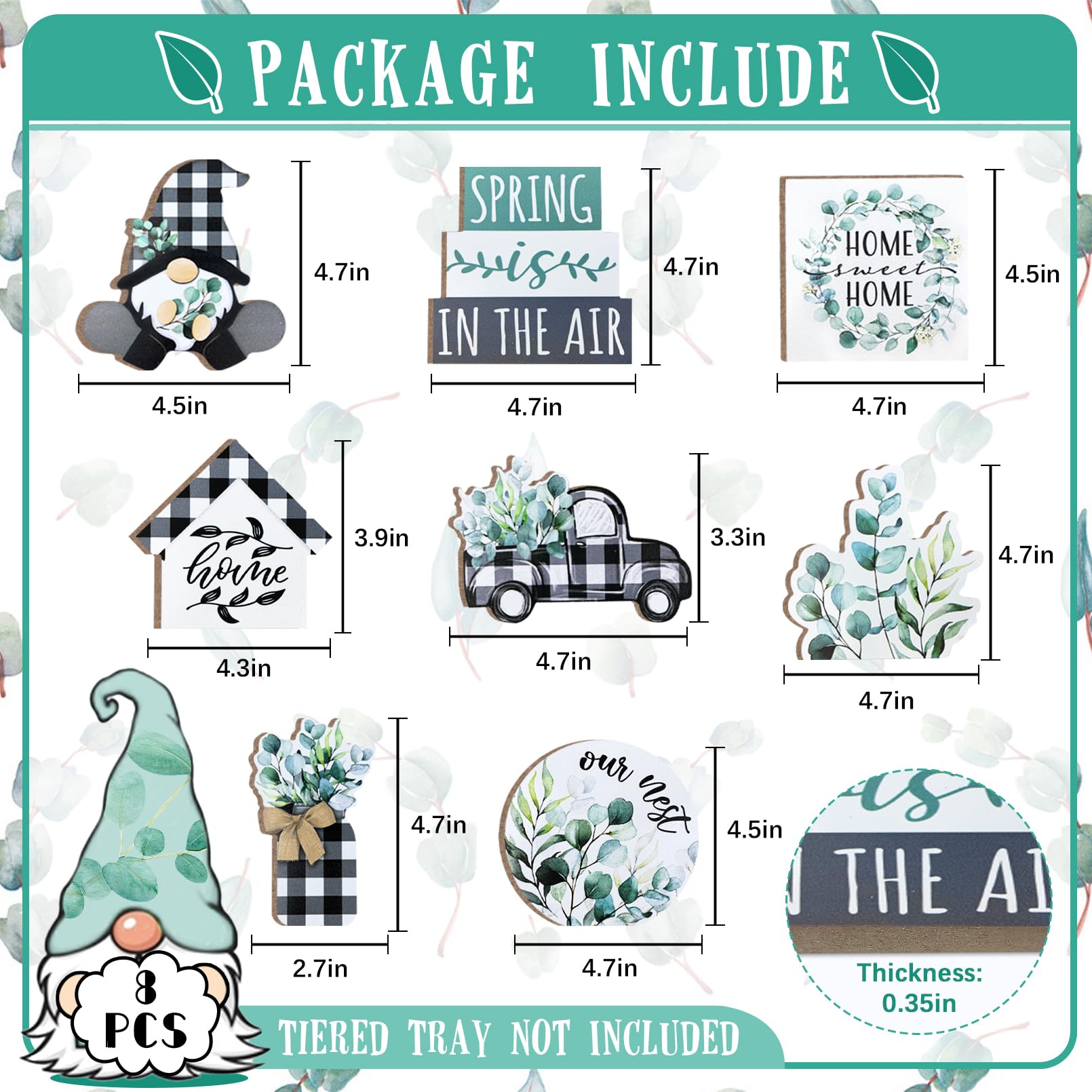 Farmhouse Spring Tiered Tray Decor Set with Eucalyptus Leaves, Gnome Wreath & Buffalo Plaid Mason Jar - Rustic Wooden Signs for Home Table, Shelf, Mantel Decor | Perfect for Easter, Wedding, Baby Shower & Farmhouse Party Decorations