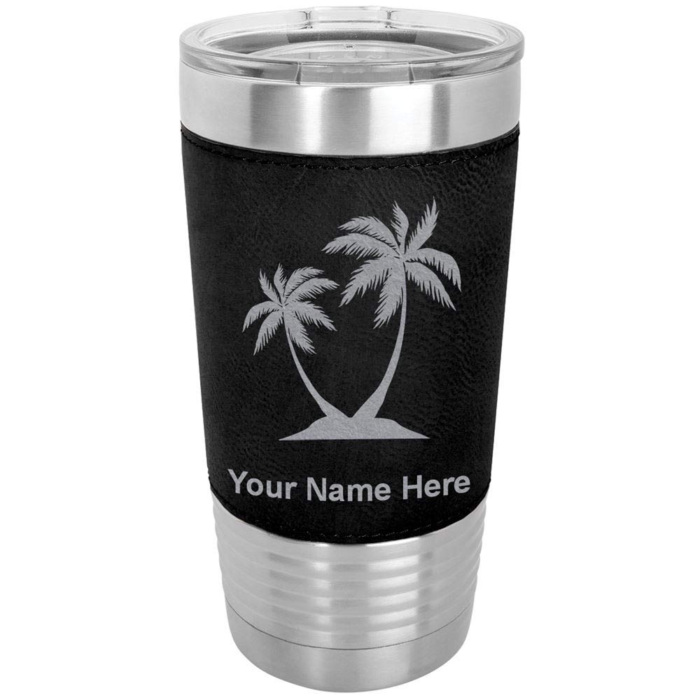 LaserGram 20oz Vacuum Insulated Stainless Steel Tumbler with Palm Tree Design - Personalized Engraved Travel Mug with Faux Leather Handle (Black) - Perfect for Coffee, Tea & Cold Drinks at Home, Office or Outdoor Adventures